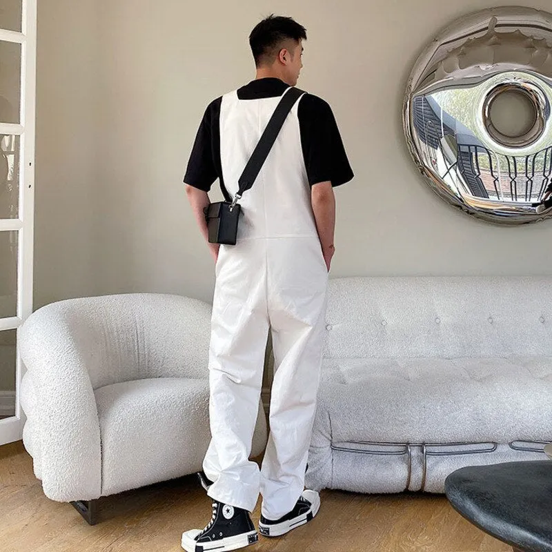 2023 Autumn Male Overalls Solid Color Straight Loose Denim Jumpsuit Men's Zipper Personalized Streetwear Cargo Pants 9A6587