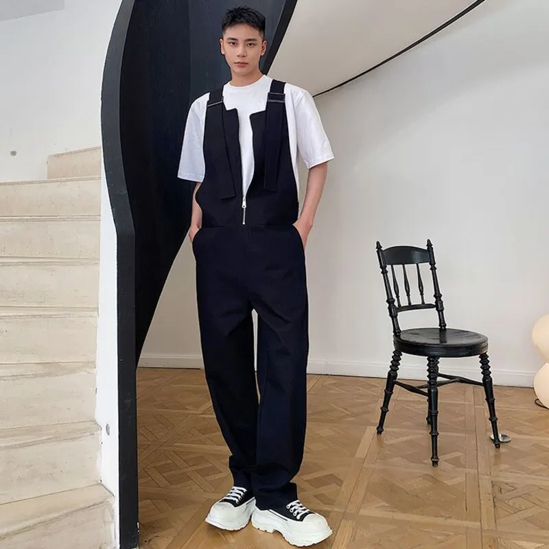 2023 Autumn Male Overalls Solid Color Straight Loose Denim Jumpsuit Men's Zipper Personalized Streetwear Cargo Pants 9A6587