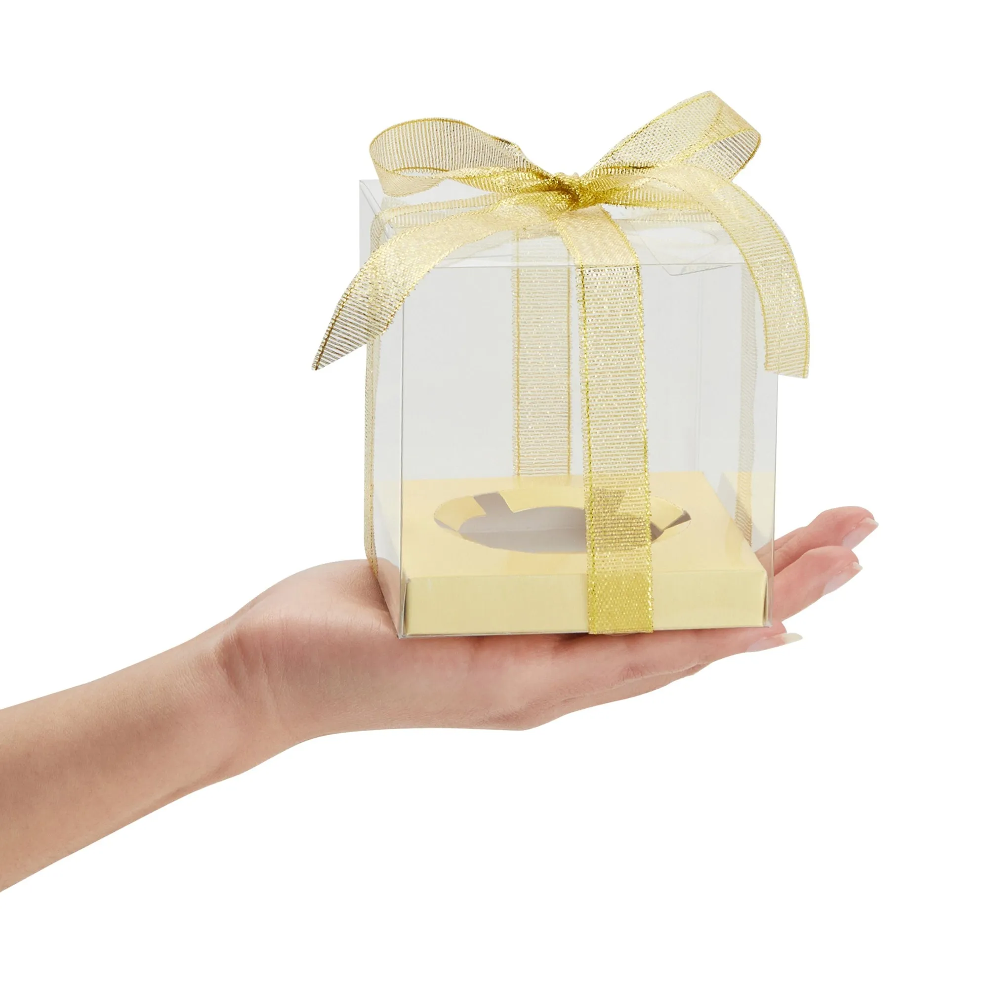 24 Pack Clear Individual Cupcake Boxes for Wedding Favors, Gold Satin Ribbon and Inserts Included (4.3 x 3.7 In)