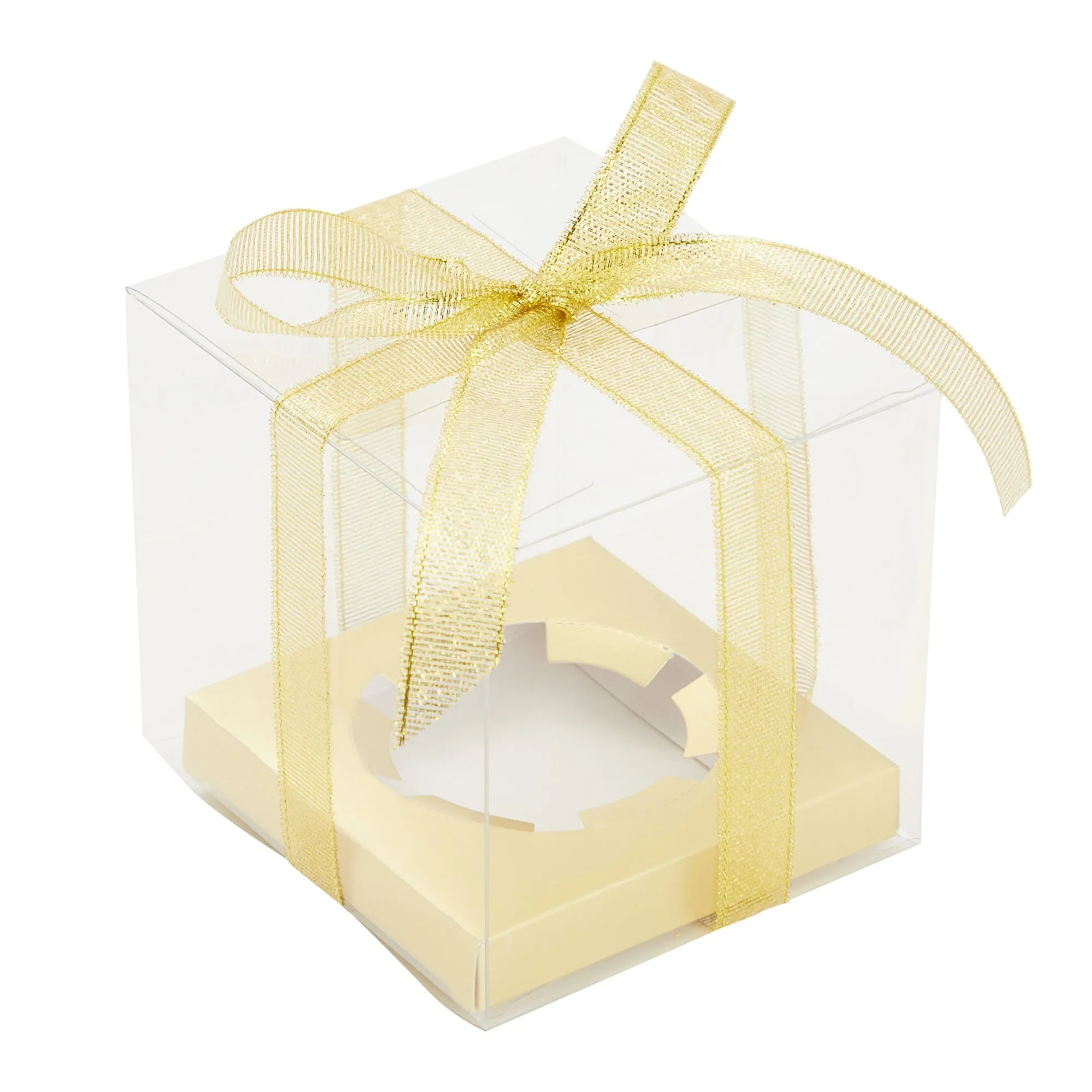 24 Pack Clear Individual Cupcake Boxes for Wedding Favors, Gold Satin Ribbon and Inserts Included (4.3 x 3.7 In)