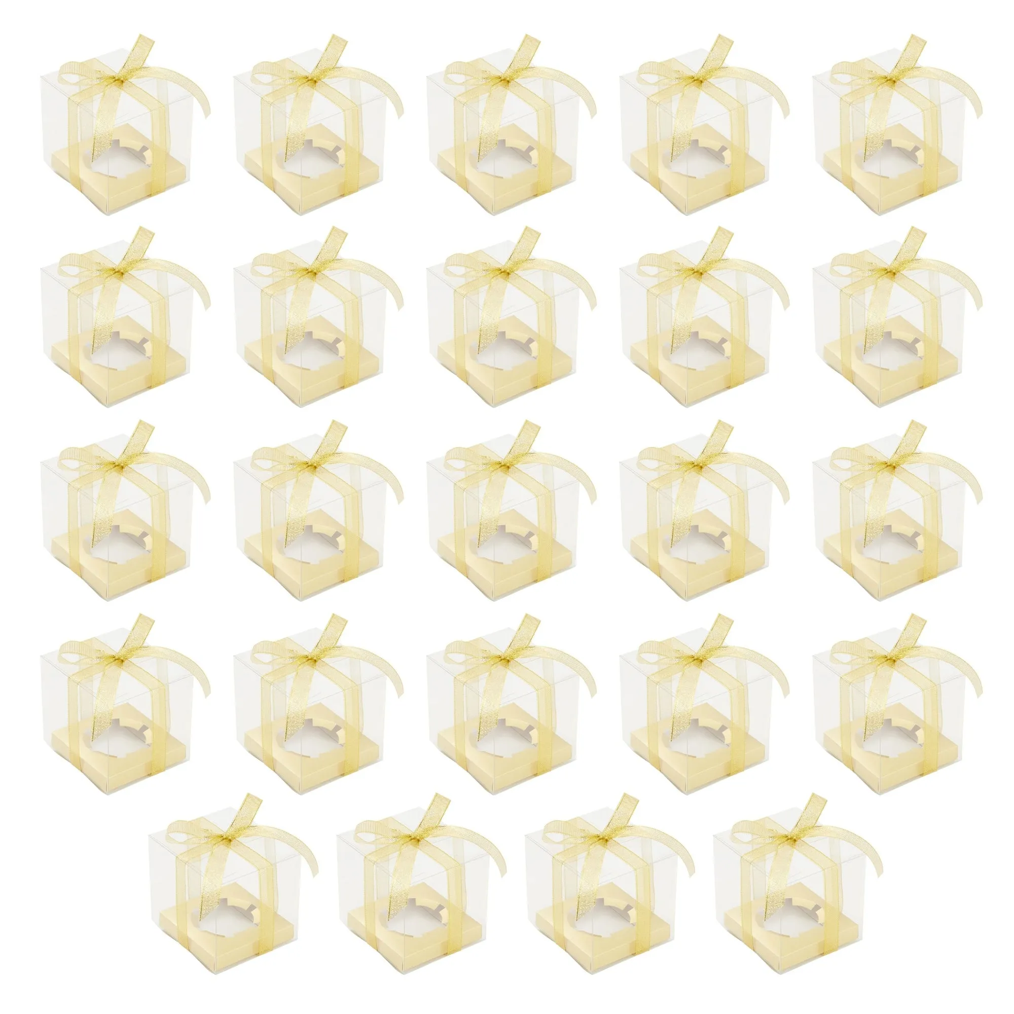 24 Pack Clear Individual Cupcake Boxes for Wedding Favors, Gold Satin Ribbon and Inserts Included (4.3 x 3.7 In)