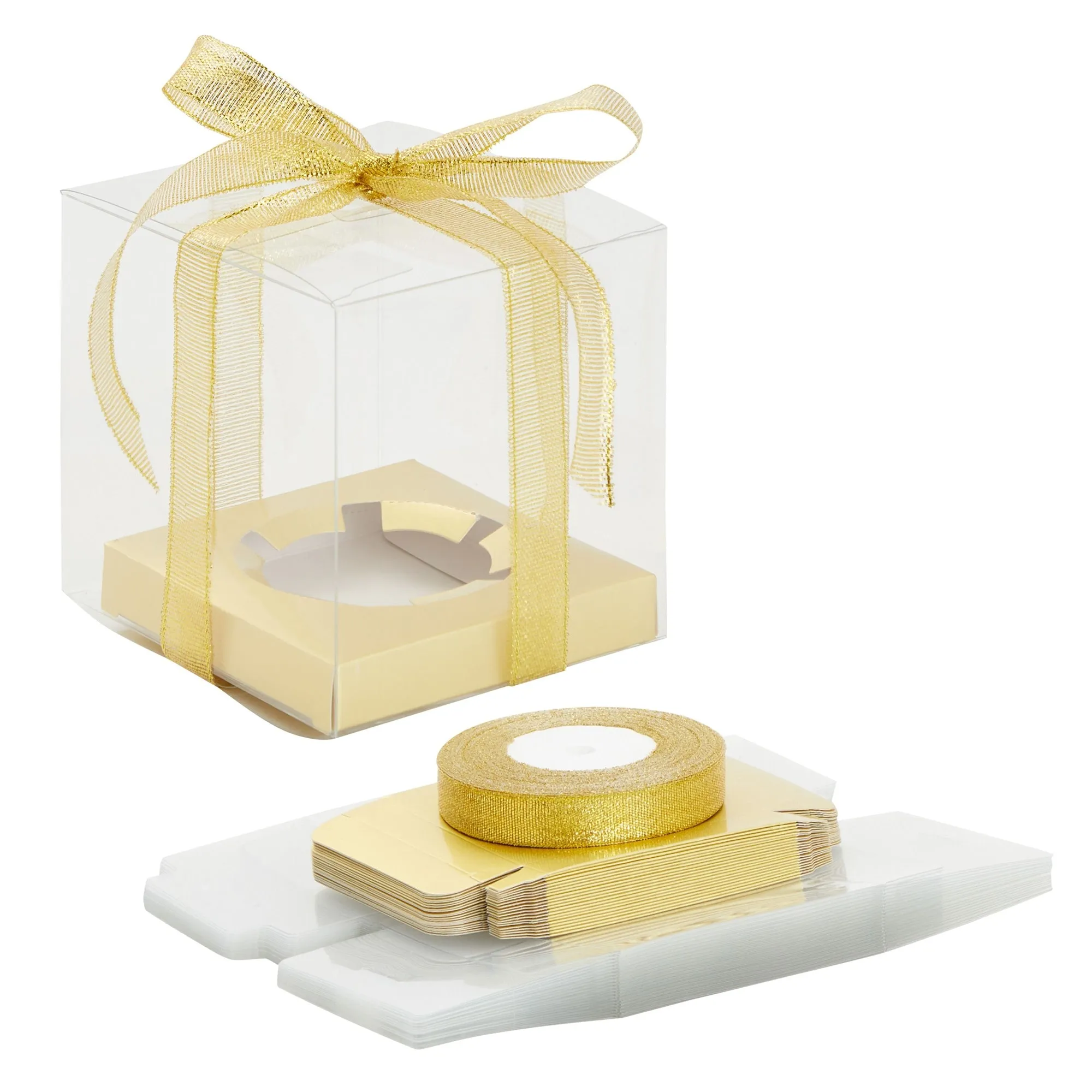 24 Pack Clear Individual Cupcake Boxes for Wedding Favors, Gold Satin Ribbon and Inserts Included (4.3 x 3.7 In)