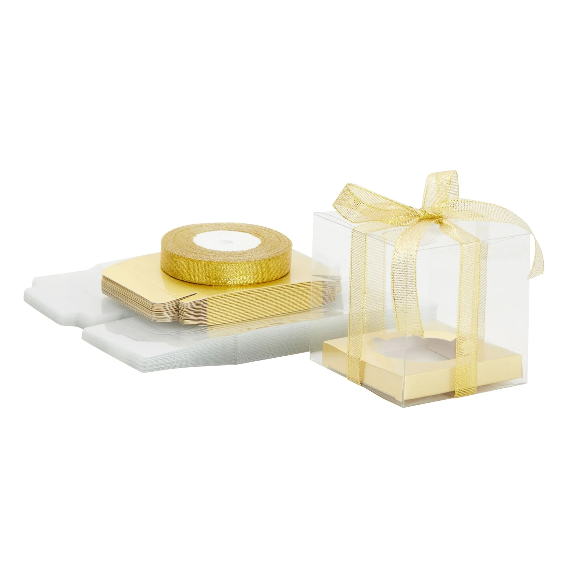 24 Pack Clear Individual Cupcake Boxes for Wedding Favors, Gold Satin Ribbon and Inserts Included (4.3 x 3.7 In)