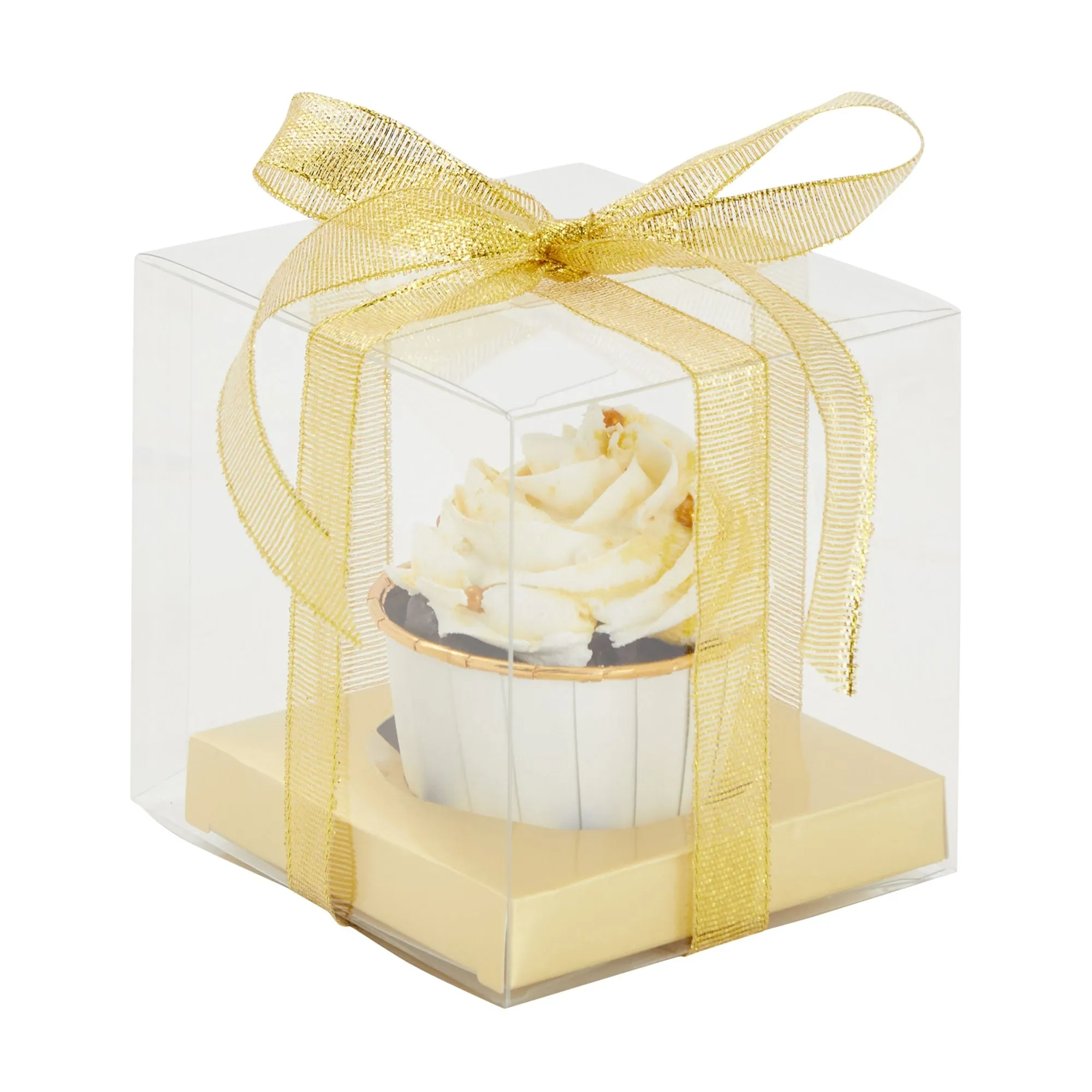 24 Pack Clear Individual Cupcake Boxes for Wedding Favors, Gold Satin Ribbon and Inserts Included (4.3 x 3.7 In)