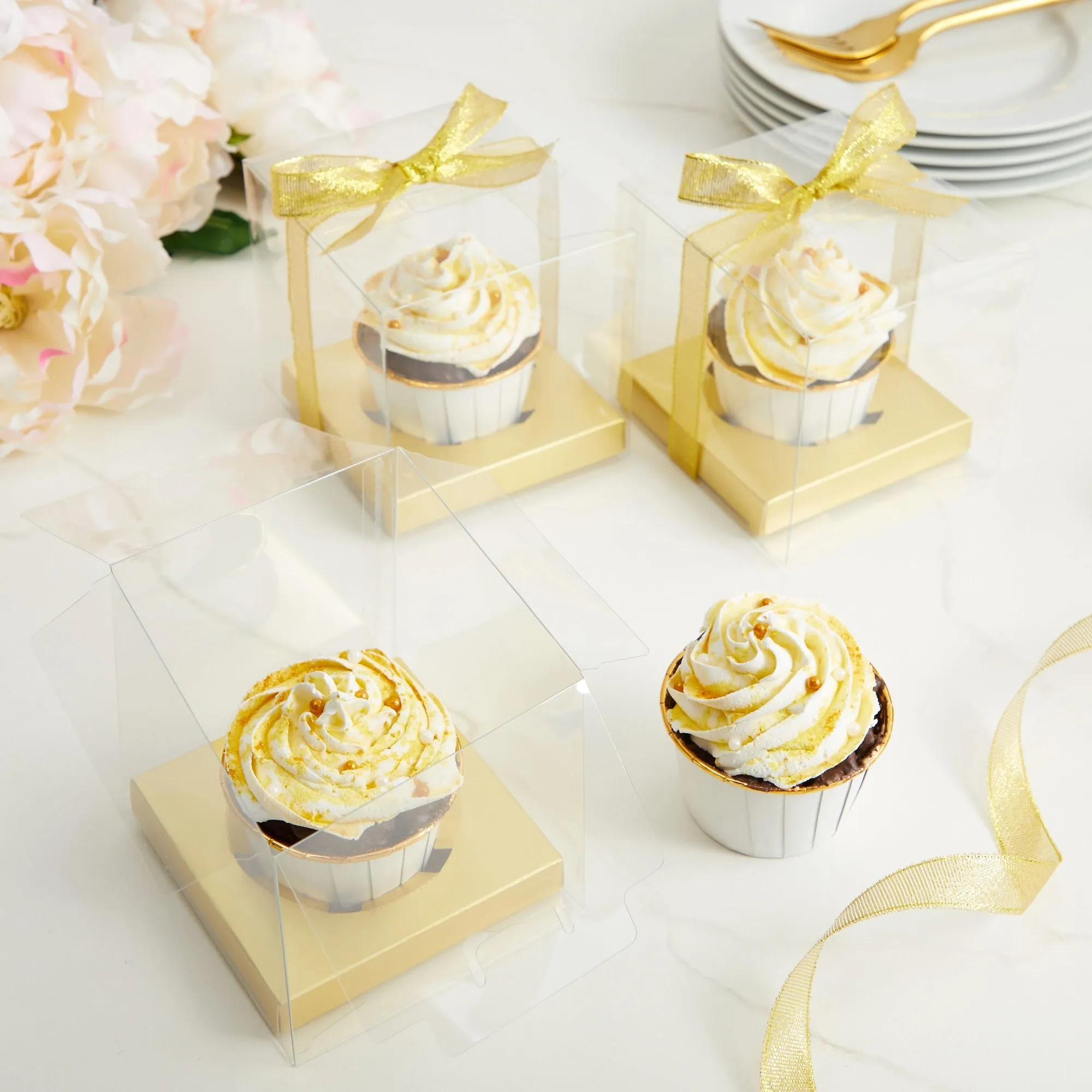 24 Pack Clear Individual Cupcake Boxes for Wedding Favors, Gold Satin Ribbon and Inserts Included (4.3 x 3.7 In)
