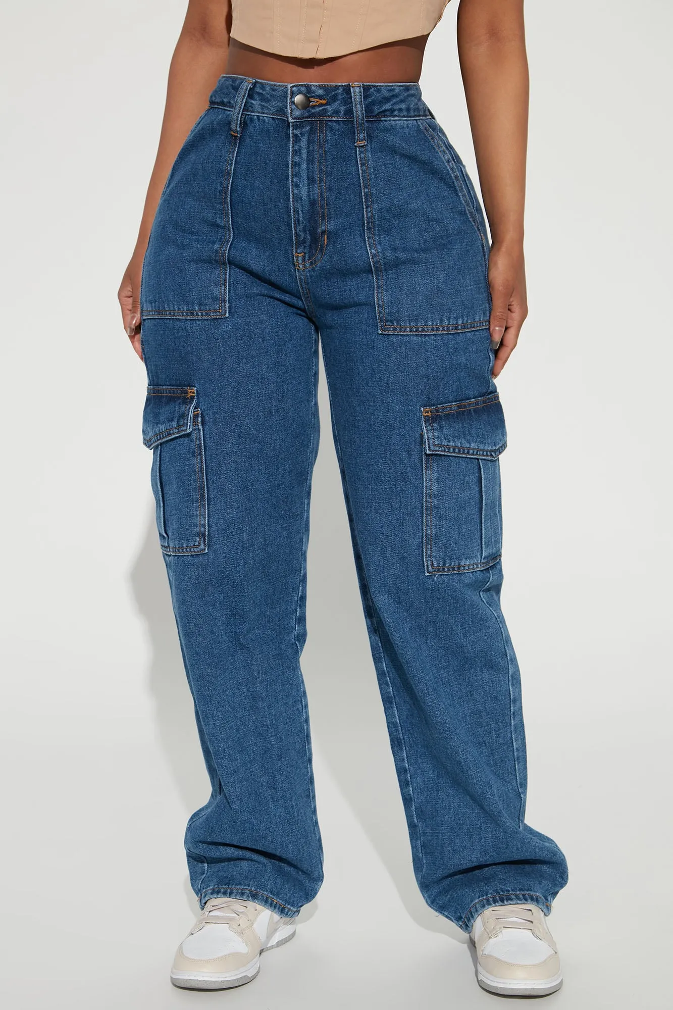 Always On His Mind Cargo Boyfriend Jeans - Medium Blue Wash