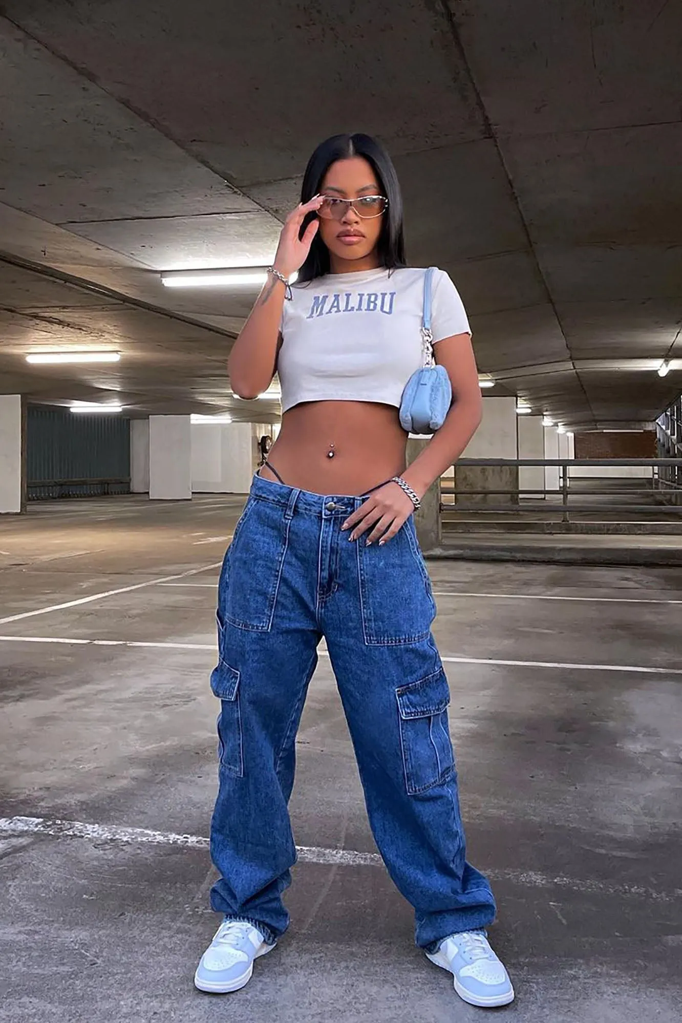 Always On His Mind Cargo Boyfriend Jeans - Medium Blue Wash