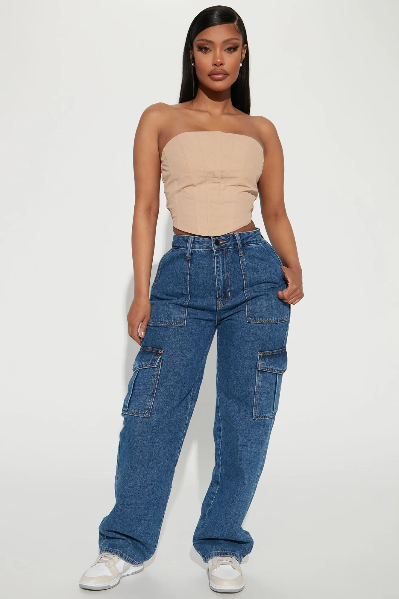Always On His Mind Cargo Boyfriend Jeans - Medium Blue Wash