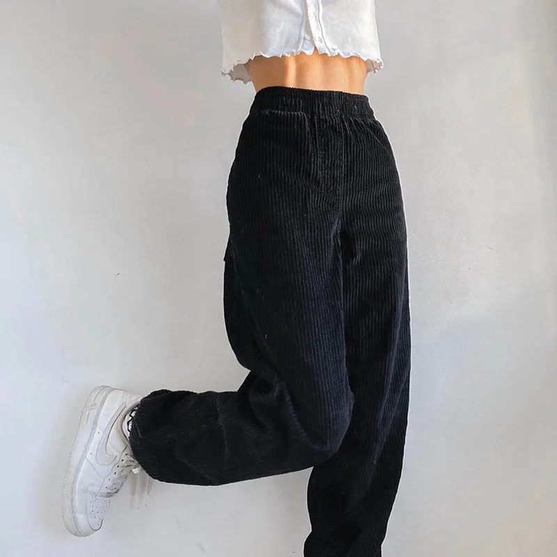 Amozae- Black Casual Corduroy High Waist Harem Pants Women Autumn Skinny Pocket Trousers Ladies Fashion Streetwear Joggers