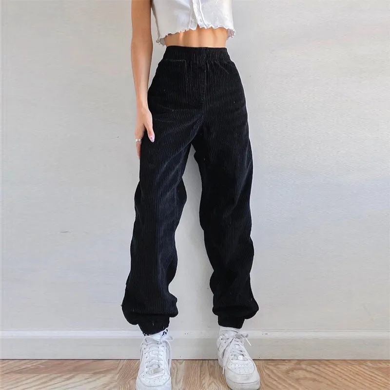 Amozae- Black Casual Corduroy High Waist Harem Pants Women Autumn Skinny Pocket Trousers Ladies Fashion Streetwear Joggers