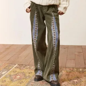 Amozae-Trousers Corduroy Patchwork Green High Waist Fashion Vintage Casual Loose Design Pants For Women Spring Autumn All Match
