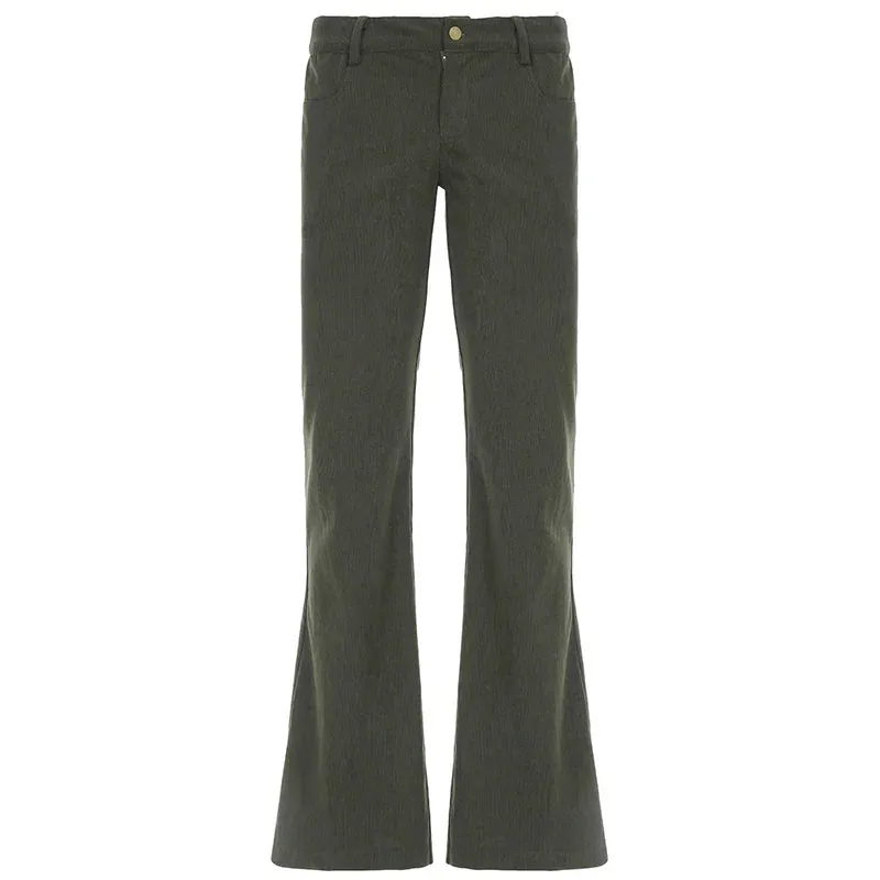 Amozae Women Corduroy Flare Pants Retro Green Low Waisted Skinny Boot Cut Trousers Autumn Y2K Streetwear Outfits Casual
