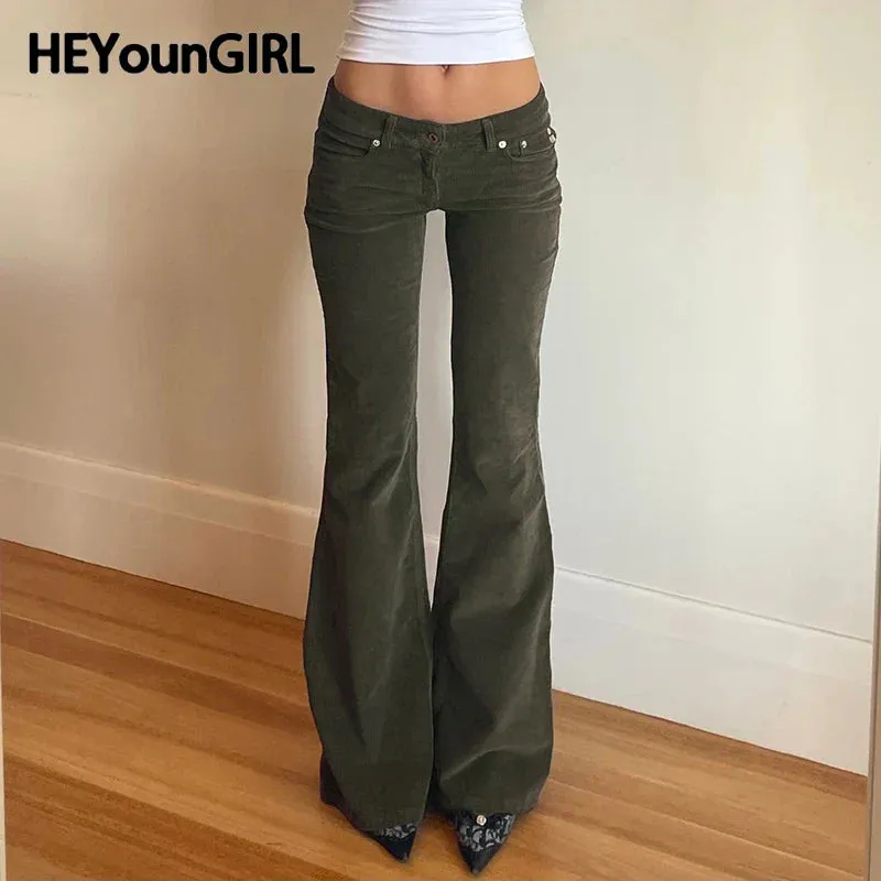 Amozae Women Corduroy Flare Pants Retro Green Low Waisted Skinny Boot Cut Trousers Autumn Y2K Streetwear Outfits Casual
