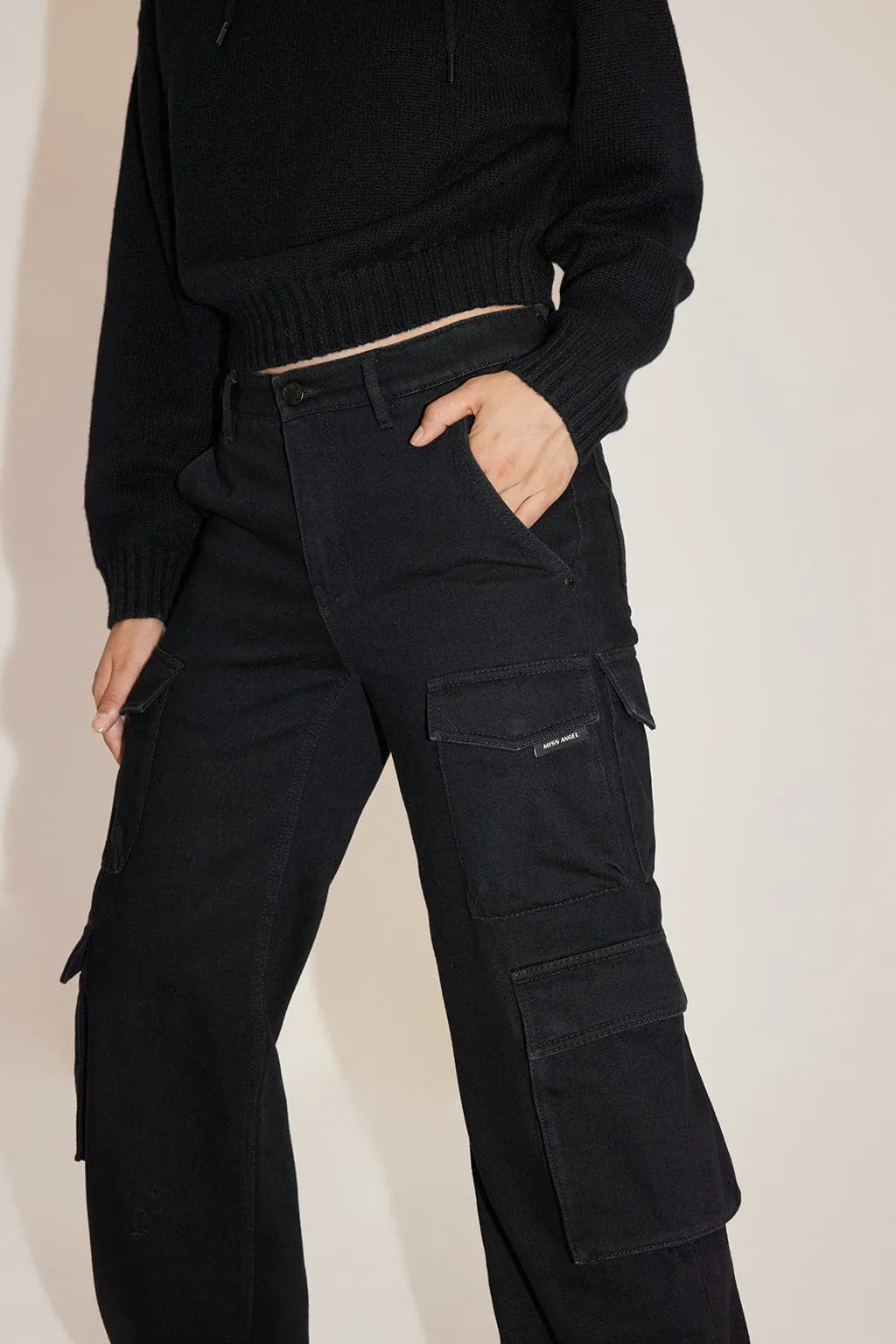 Angel Collection Black Cargo Style Cashmere Blend Denim Jeans