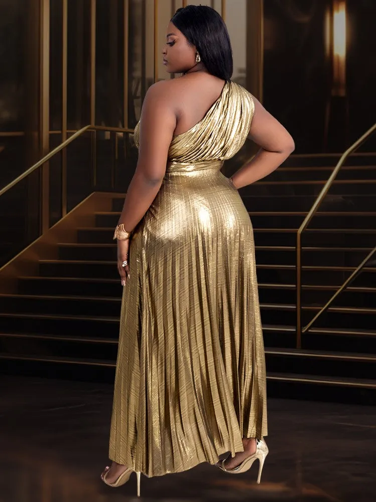 AOMEIDRESS One Shoulder Party Maxi Dress Shiny Pleated