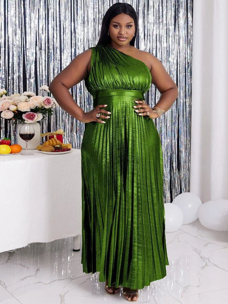 AOMEIDRESS One Shoulder Party Maxi Dress Shiny Pleated