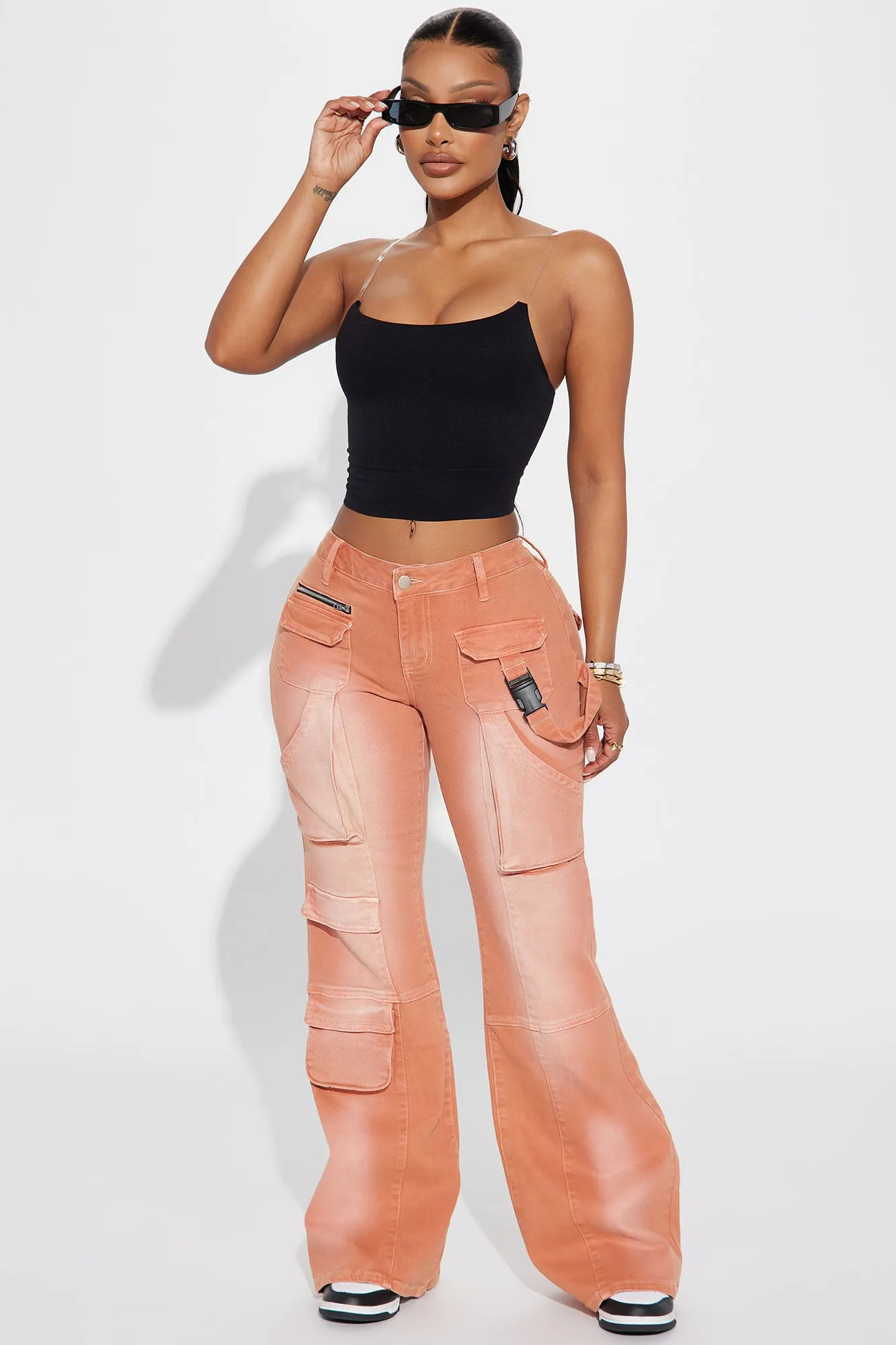 Attention On Me Stretch Cargo Flare Jean - Mocha