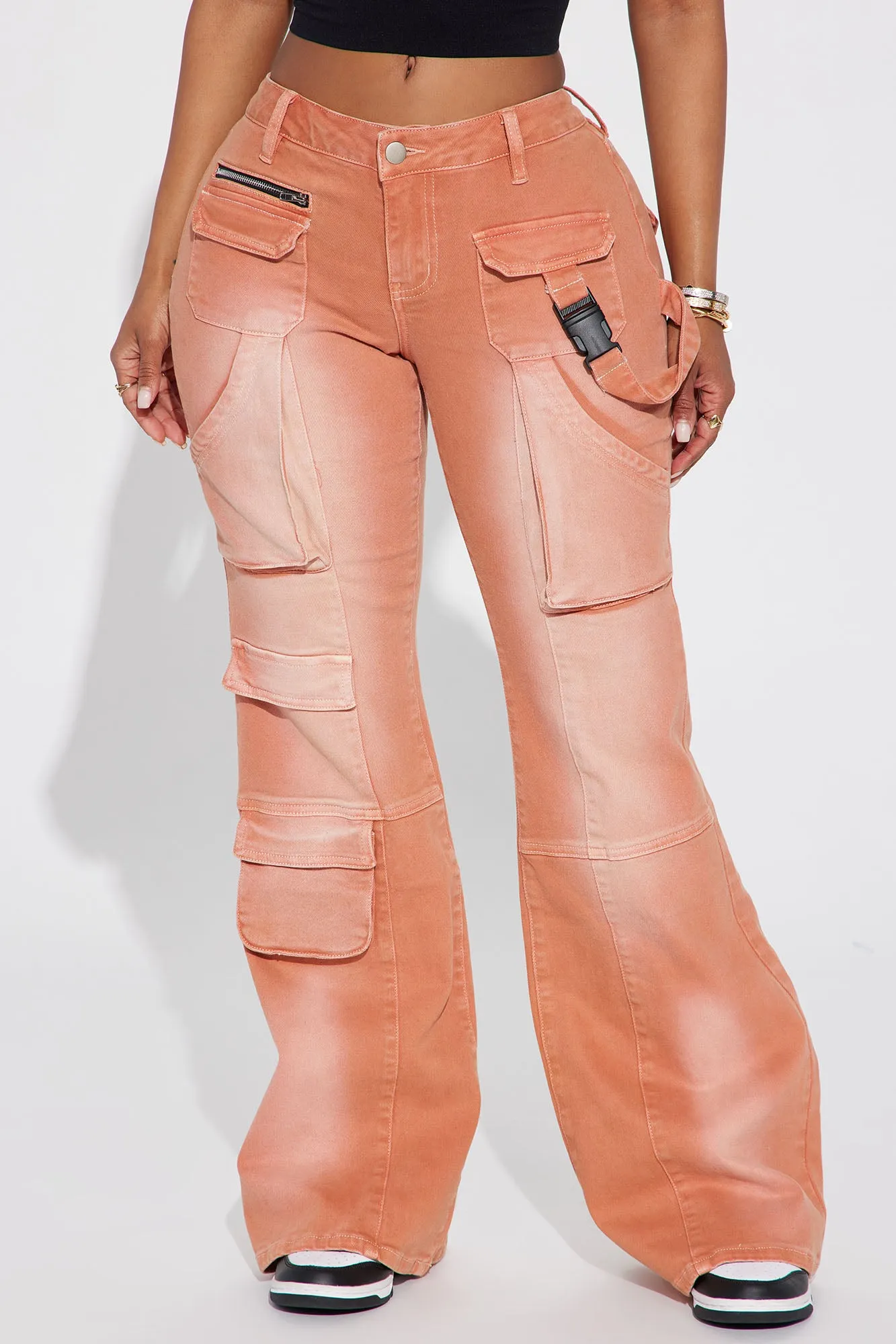 Attention On Me Stretch Cargo Flare Jean - Mocha