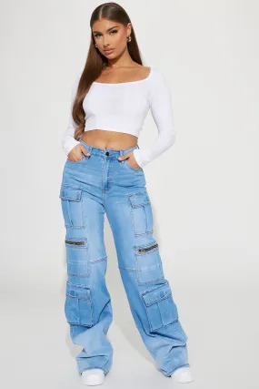 Back Talking Stretch Straight Cargo Jeans - Medium Wash