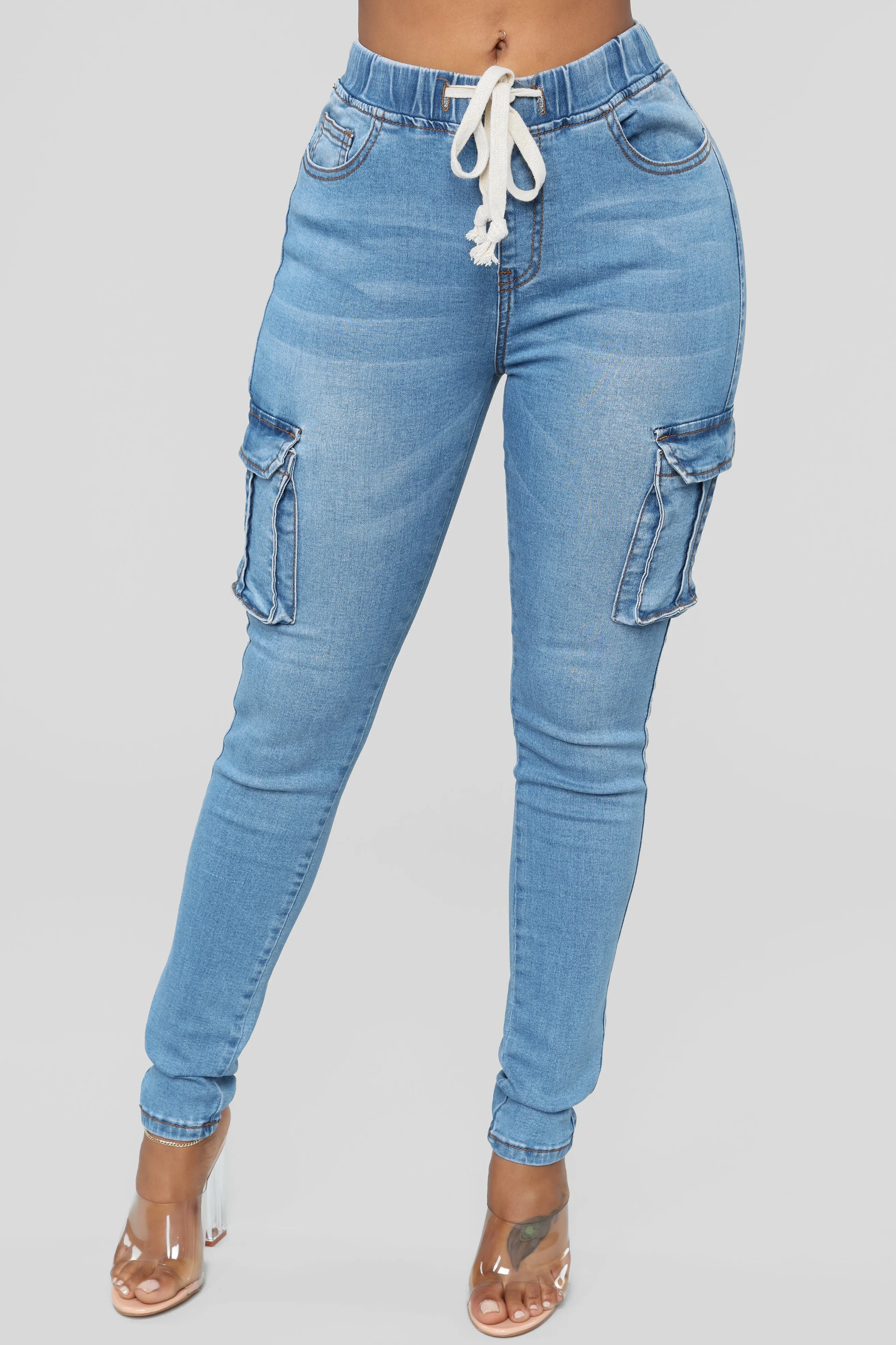 Bad Mamma Jamma Cargo Jeans - Medium Blue Wash