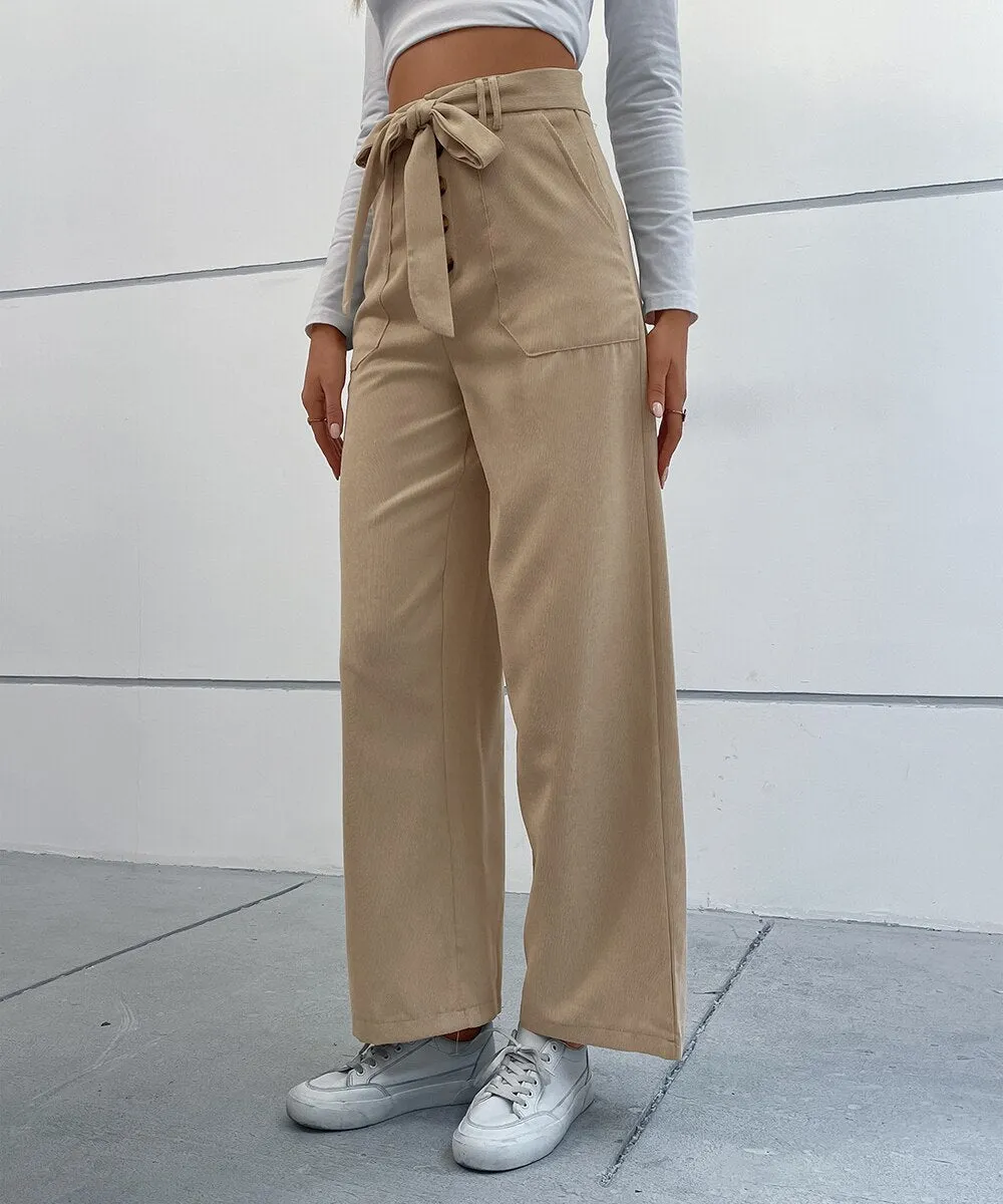 BerriesJam - 2024 Solid Corduroy Belted Wide Leg Pants