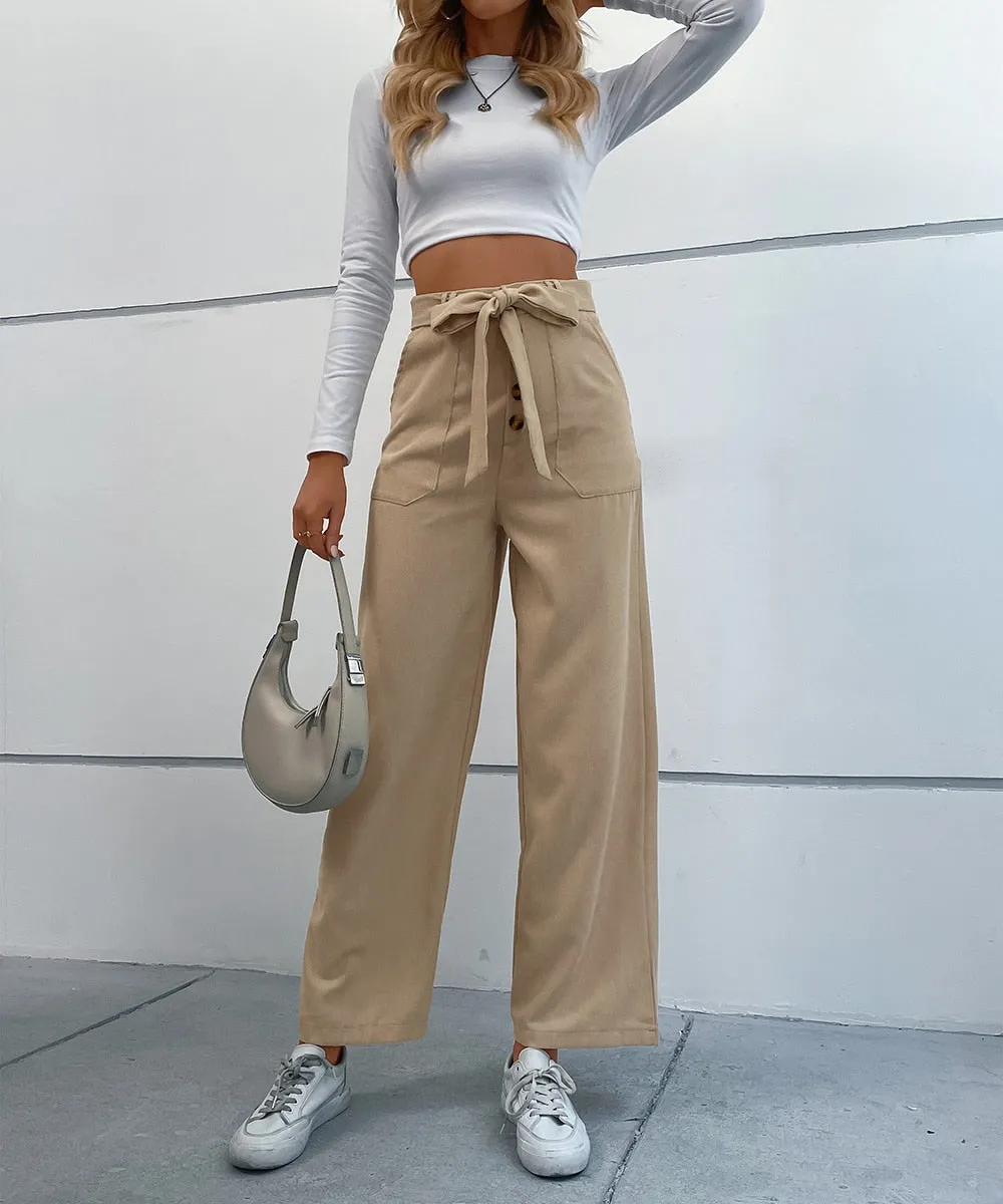 BerriesJam - 2024 Solid Corduroy Belted Wide Leg Pants