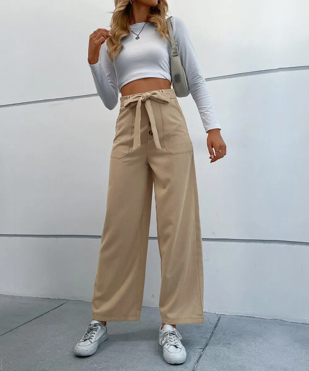 BerriesJam - 2024 Solid Corduroy Belted Wide Leg Pants