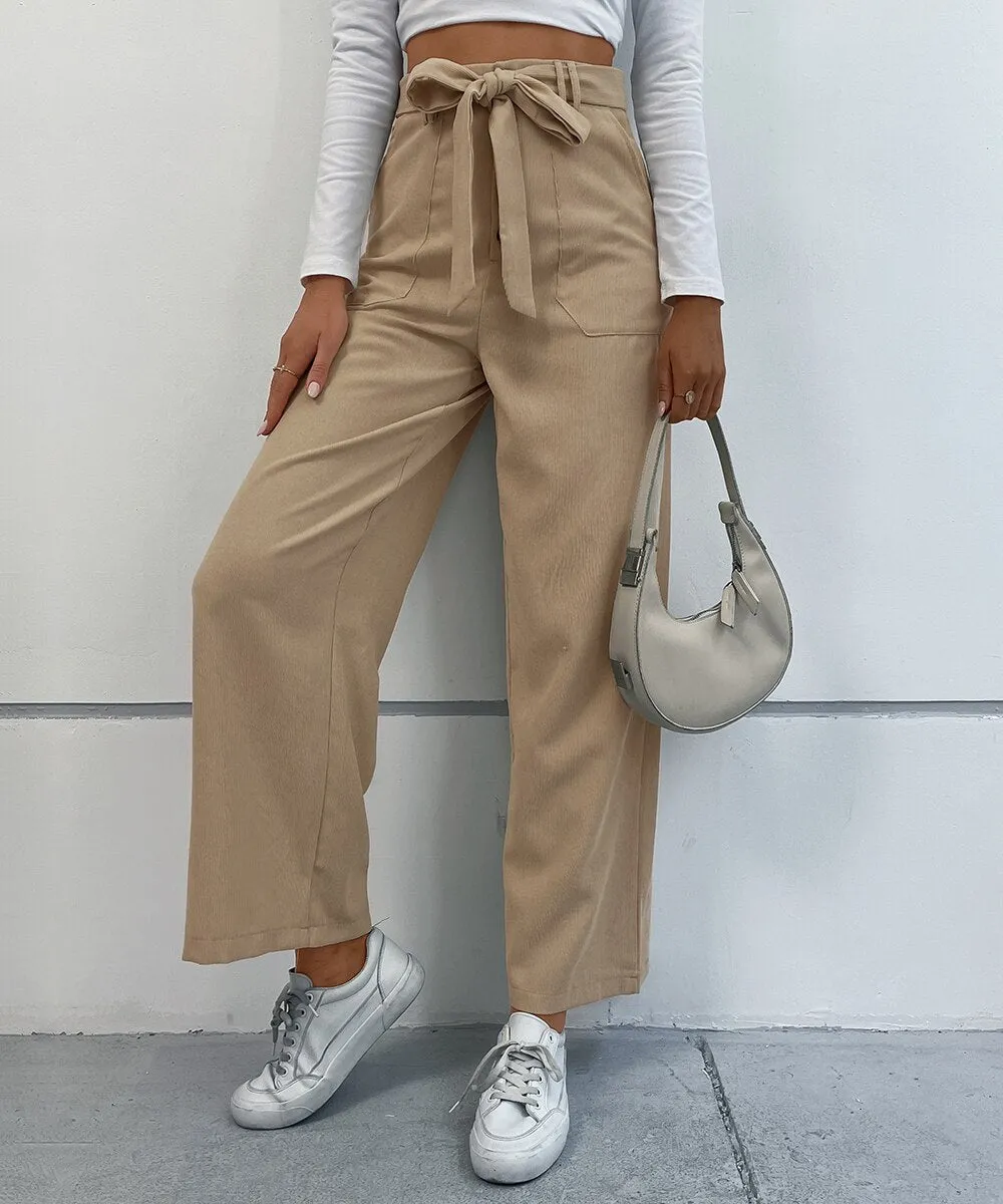 BerriesJam - 2024 Solid Corduroy Belted Wide Leg Pants