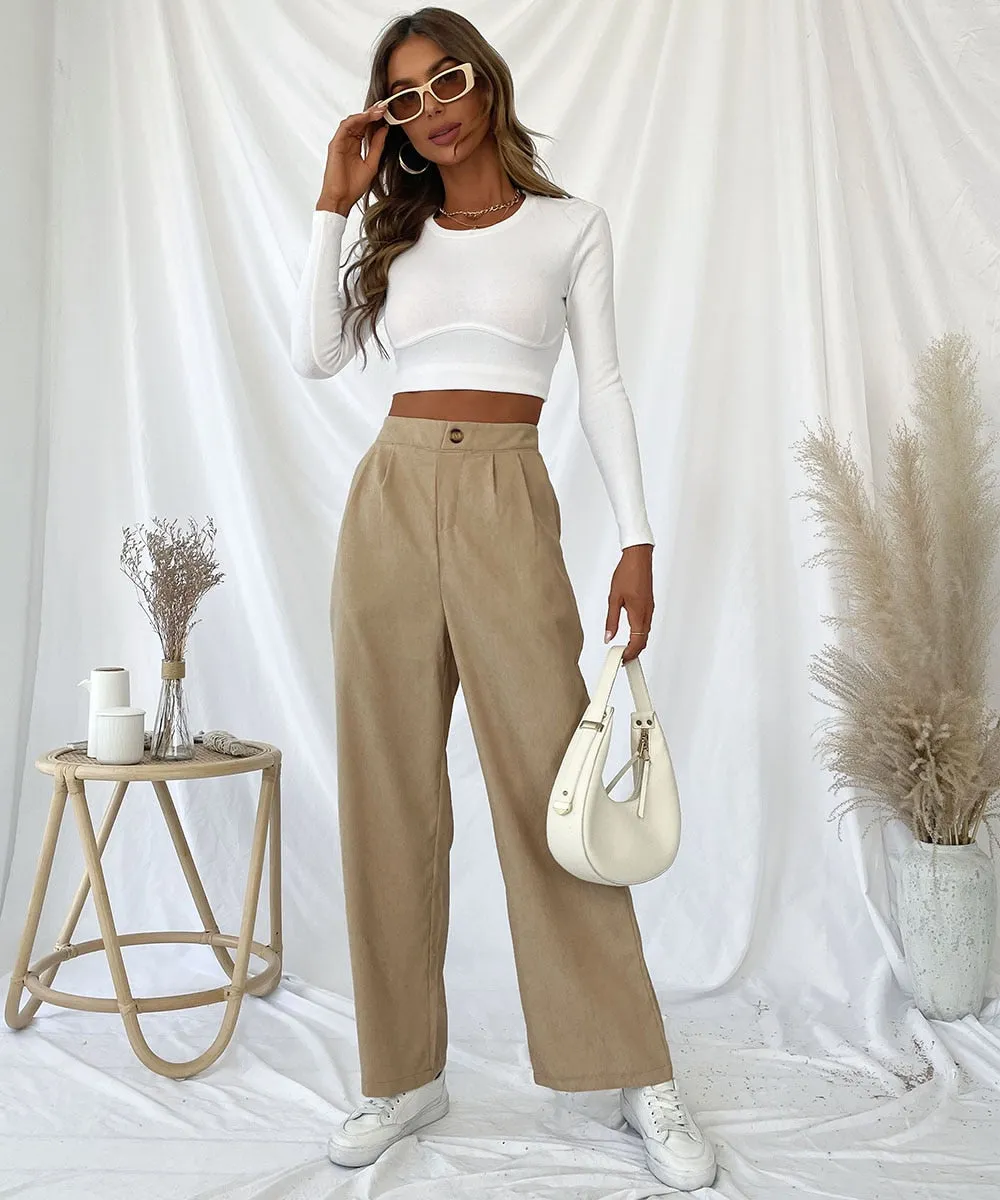 BerriesJam - 2024 Solid Pleat Front Corduroy Casual Wide Leg Pants