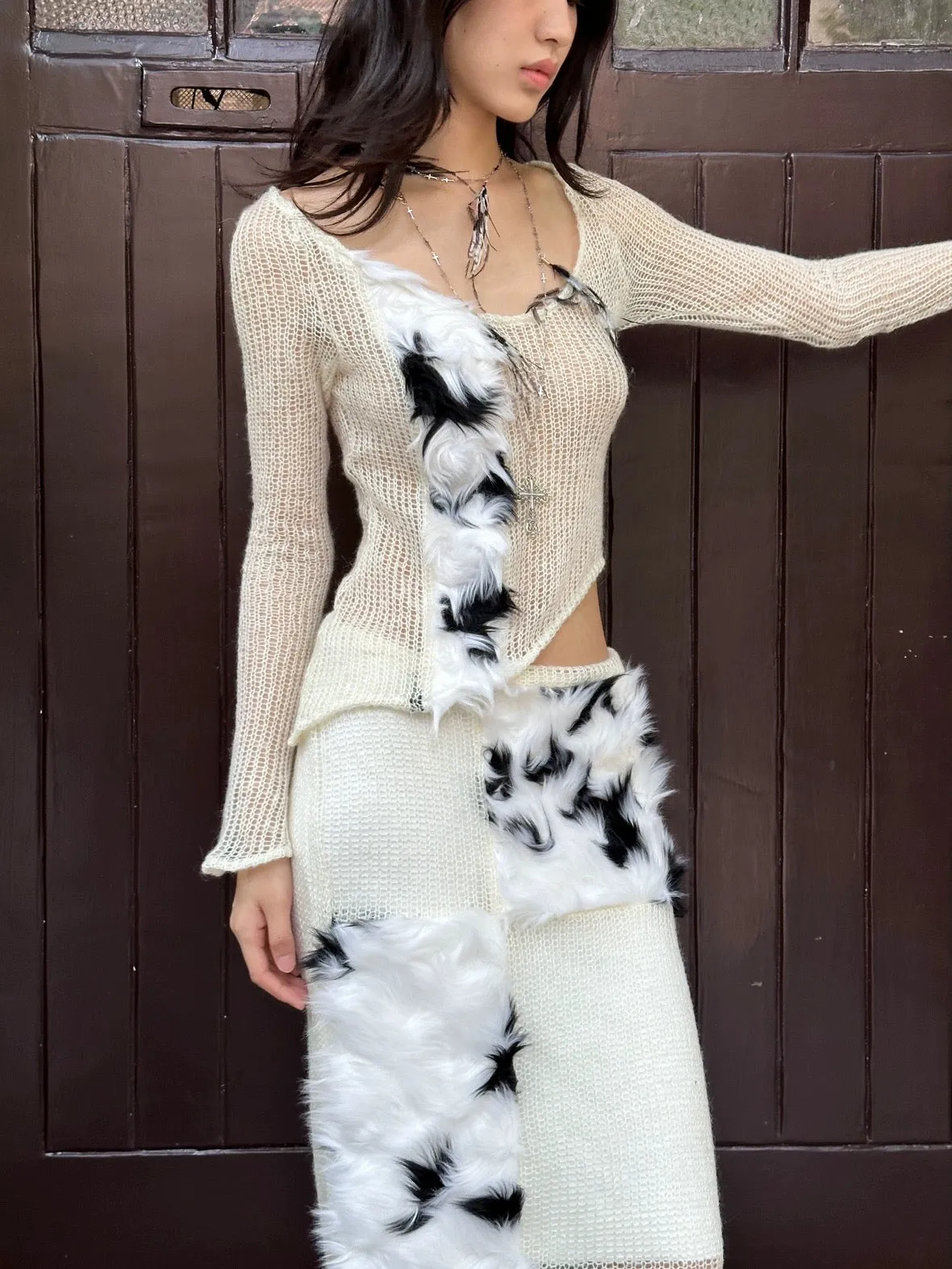 Black and white fur with transparent knit top  skirt set