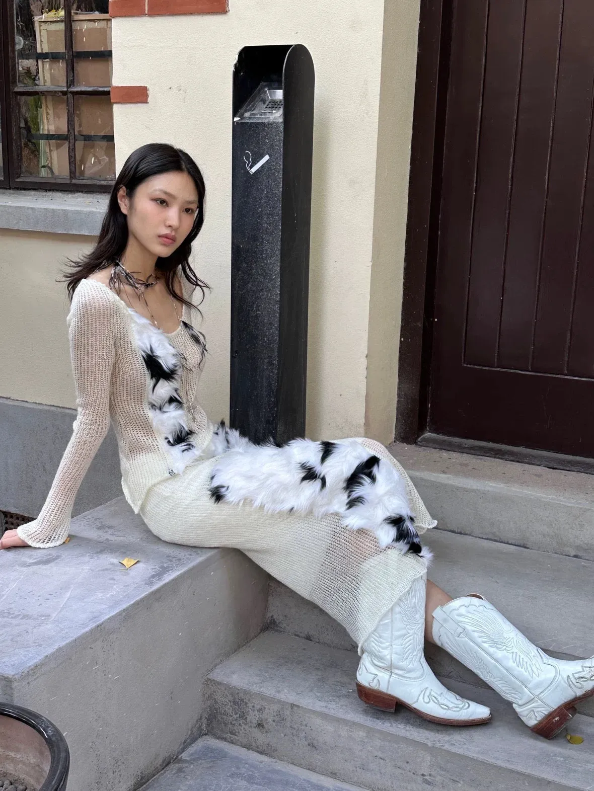 Black and white fur with transparent knit top  skirt set
