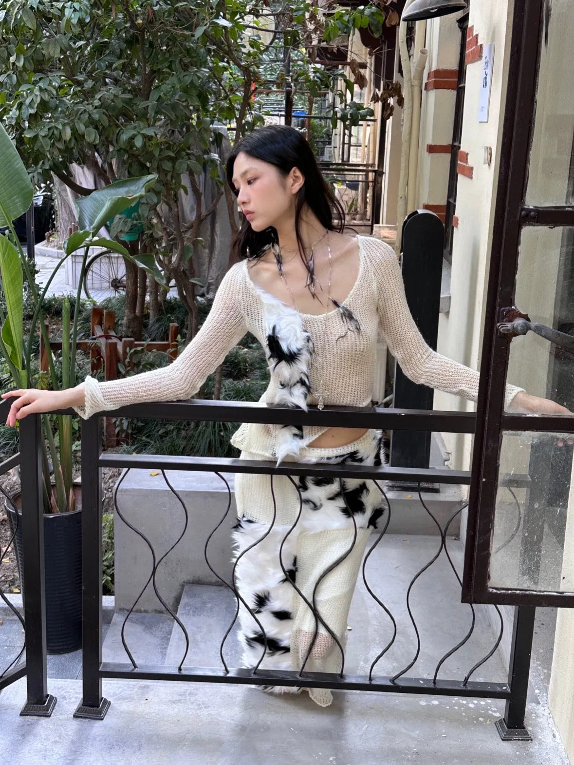 Black and white fur with transparent knit top  skirt set