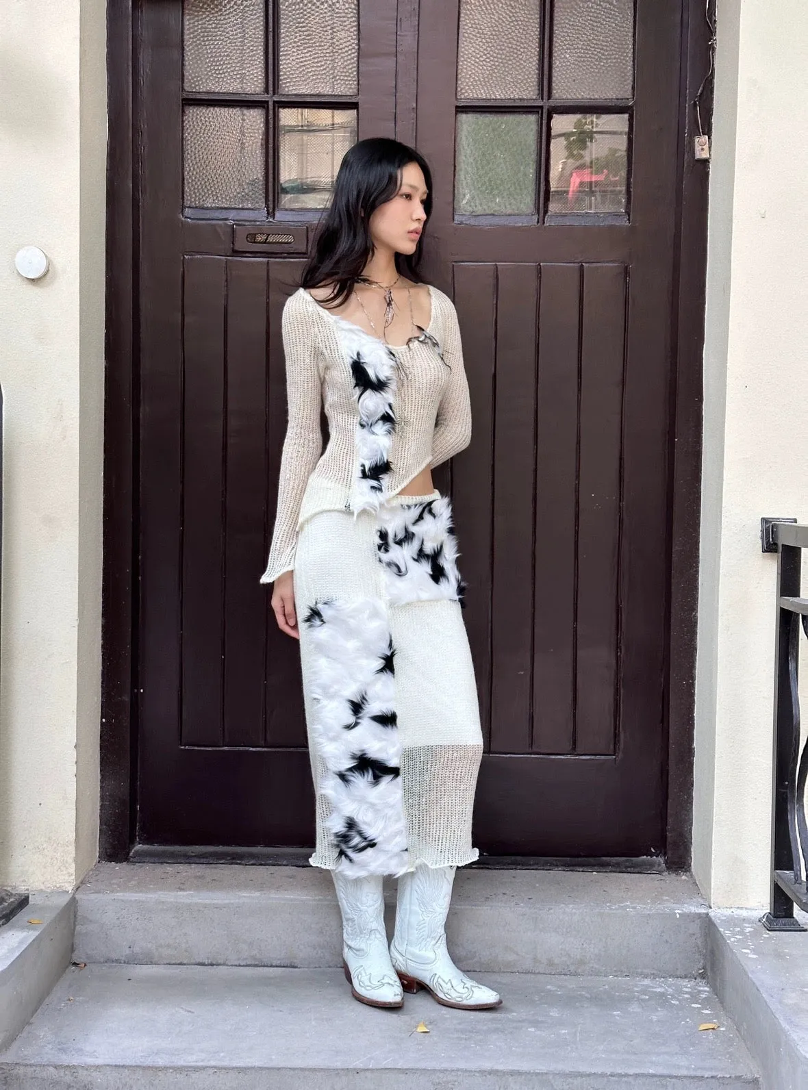 Black and white fur with transparent knit top  skirt set