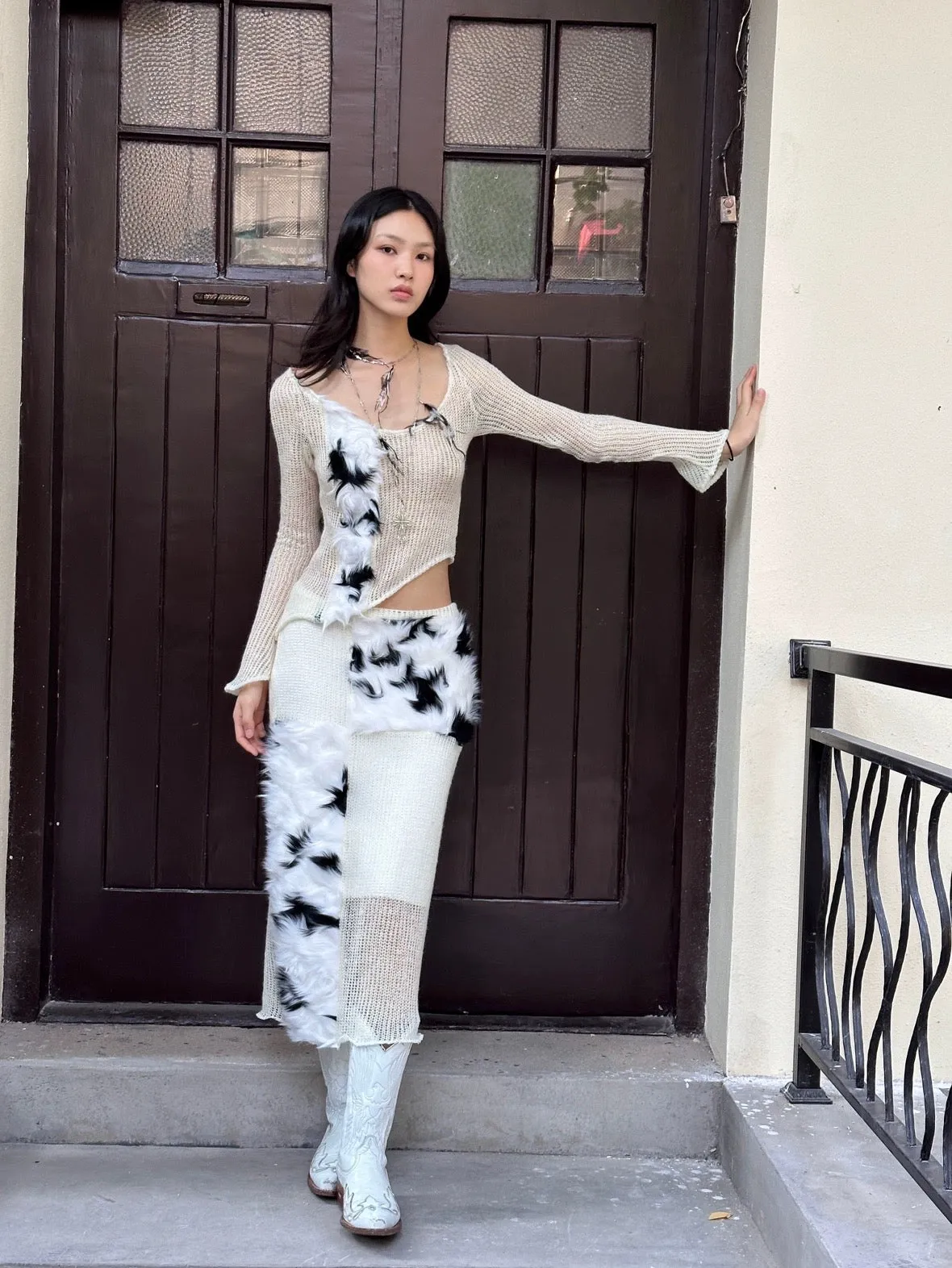 Black and white fur with transparent knit top  skirt set