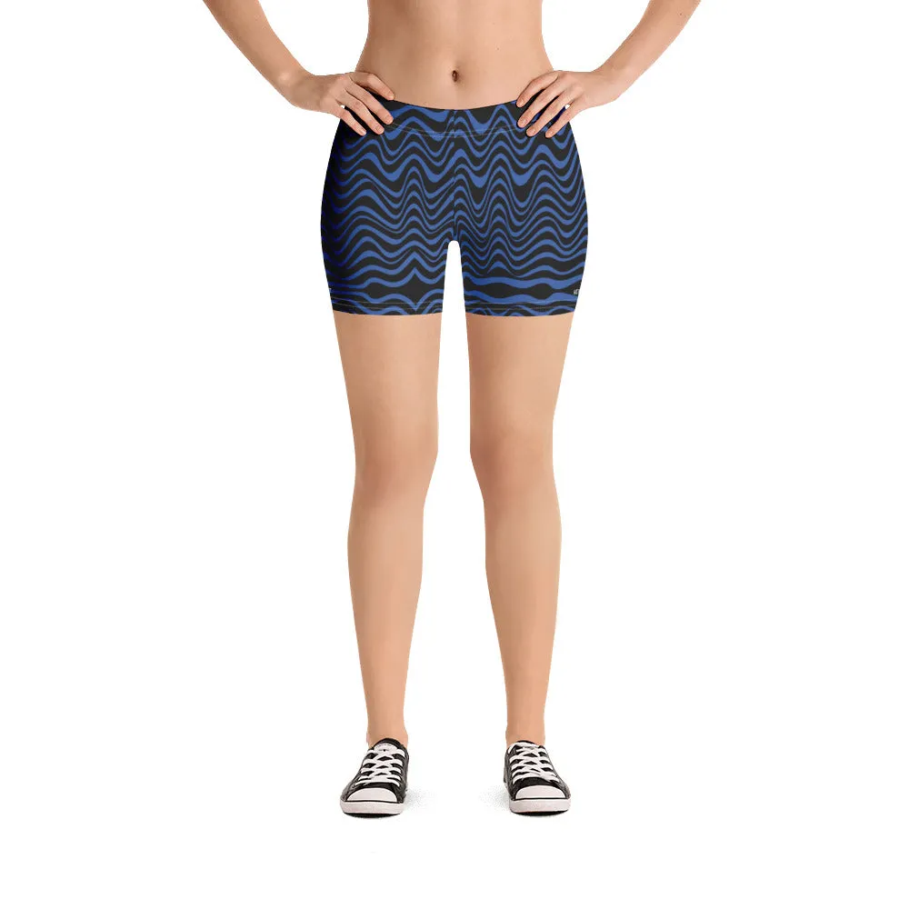 Black Blue Curvy Shorts, Abstract Wavy Women's Short Tights For Gym-Made in USA/EU/MX