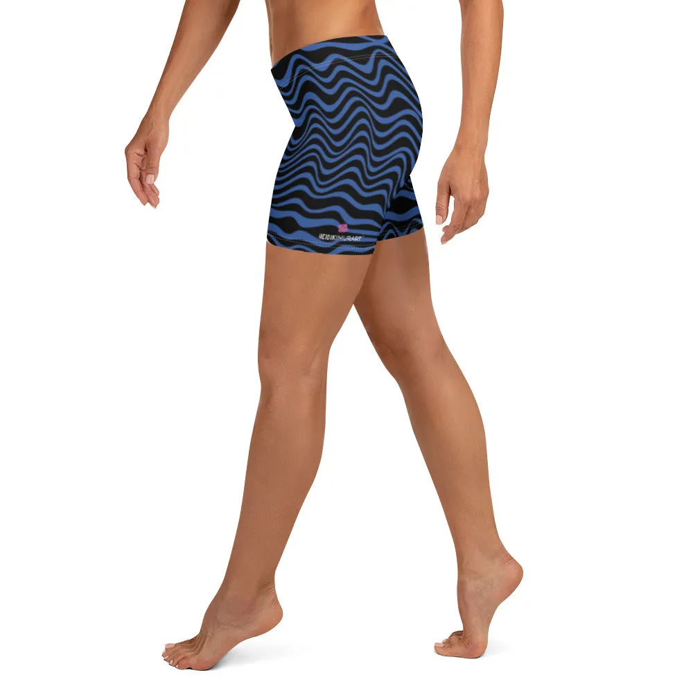 Black Blue Curvy Shorts, Abstract Wavy Women's Short Tights For Gym-Made in USA/EU/MX