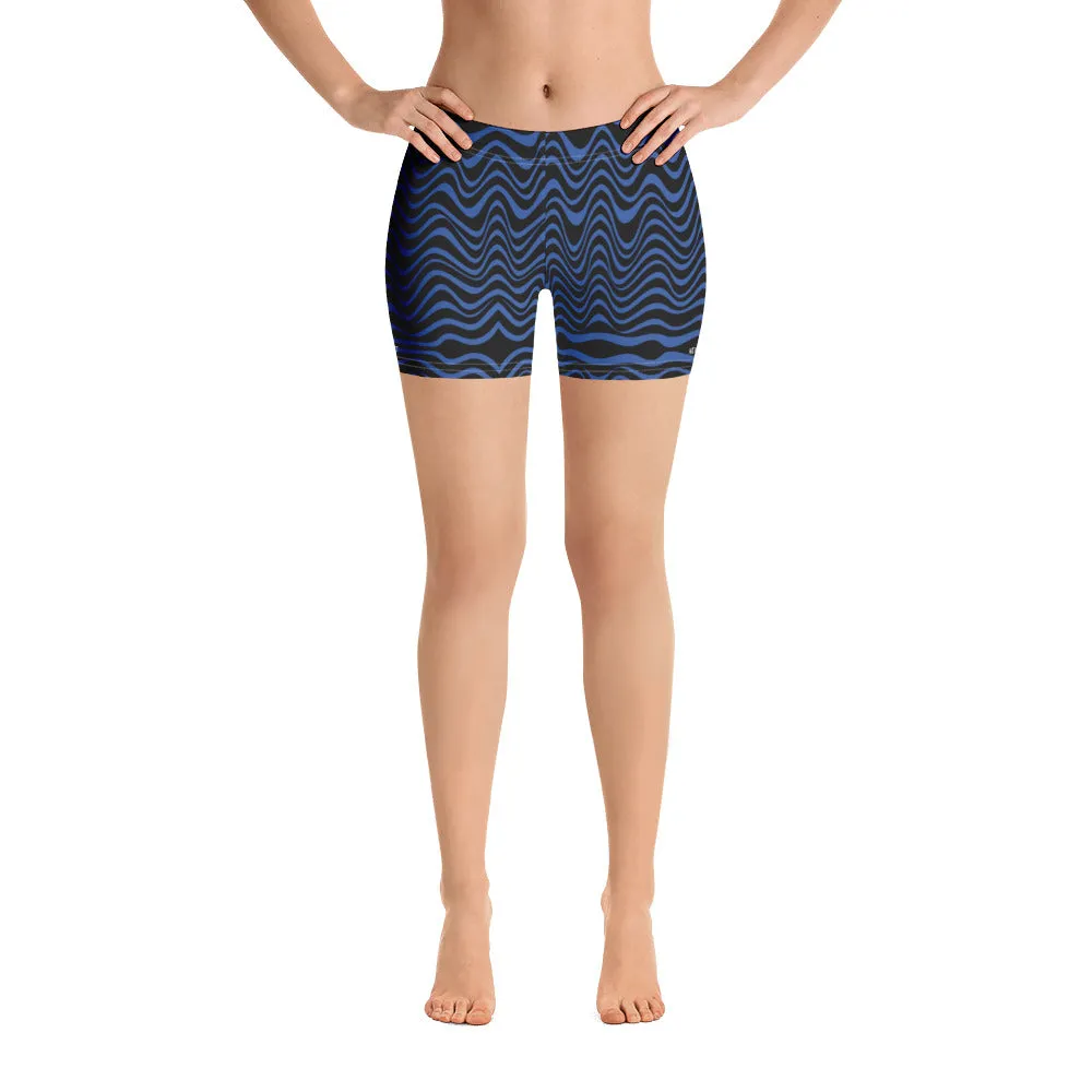 Black Blue Curvy Shorts, Abstract Wavy Women's Short Tights For Gym-Made in USA/EU/MX