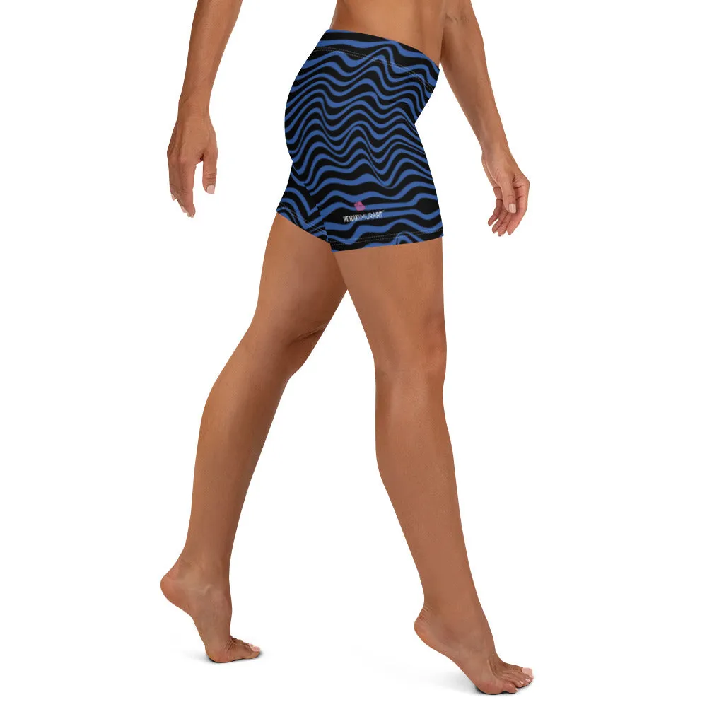 Black Blue Curvy Shorts, Abstract Wavy Women's Short Tights For Gym-Made in USA/EU/MX