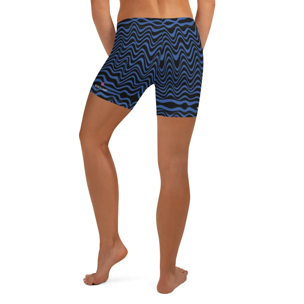 Black Blue Curvy Shorts, Abstract Wavy Women's Short Tights For Gym-Made in USA/EU/MX