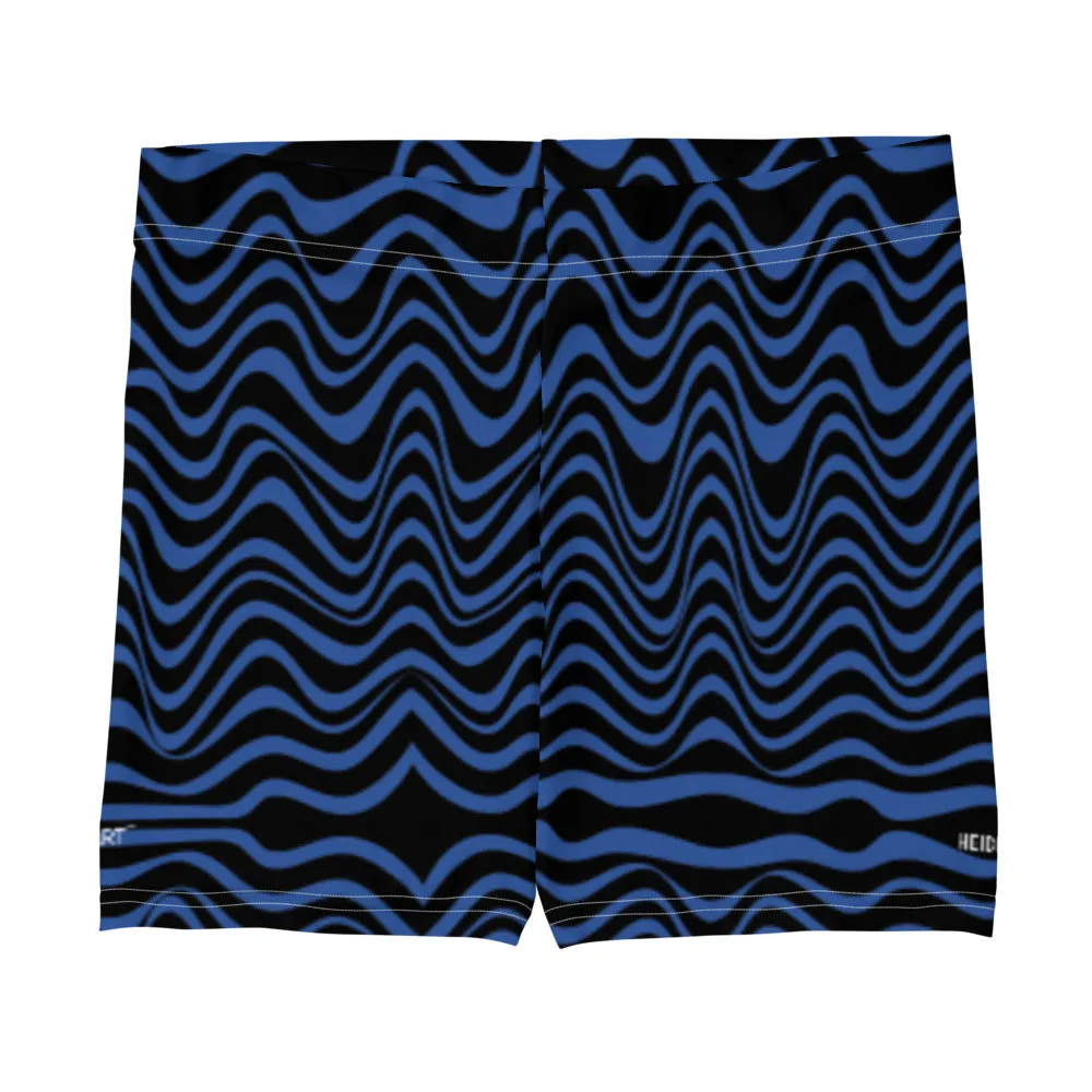 Black Blue Curvy Shorts, Abstract Wavy Women's Short Tights For Gym-Made in USA/EU/MX
