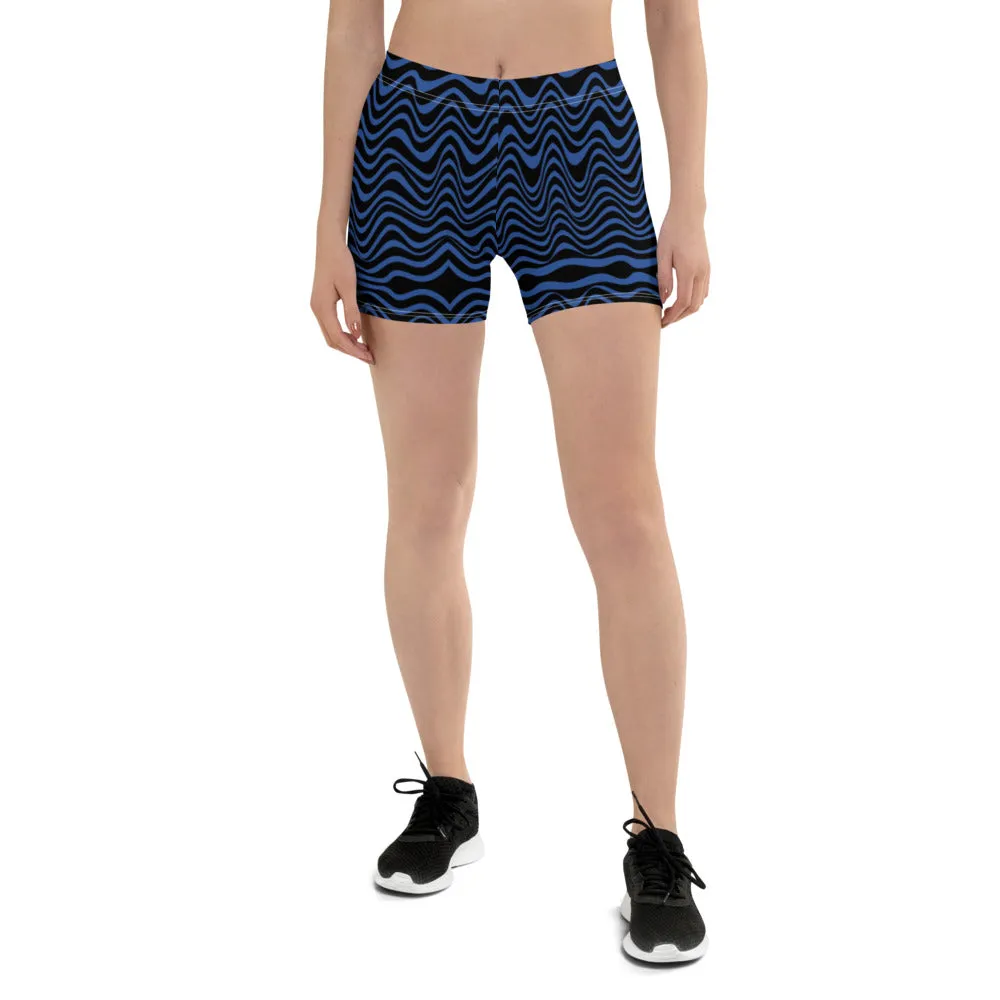 Black Blue Curvy Shorts, Abstract Wavy Women's Short Tights For Gym-Made in USA/EU/MX