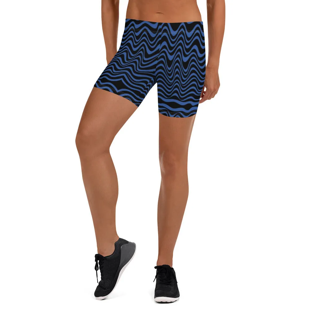 Black Blue Curvy Shorts, Abstract Wavy Women's Short Tights For Gym-Made in USA/EU/MX