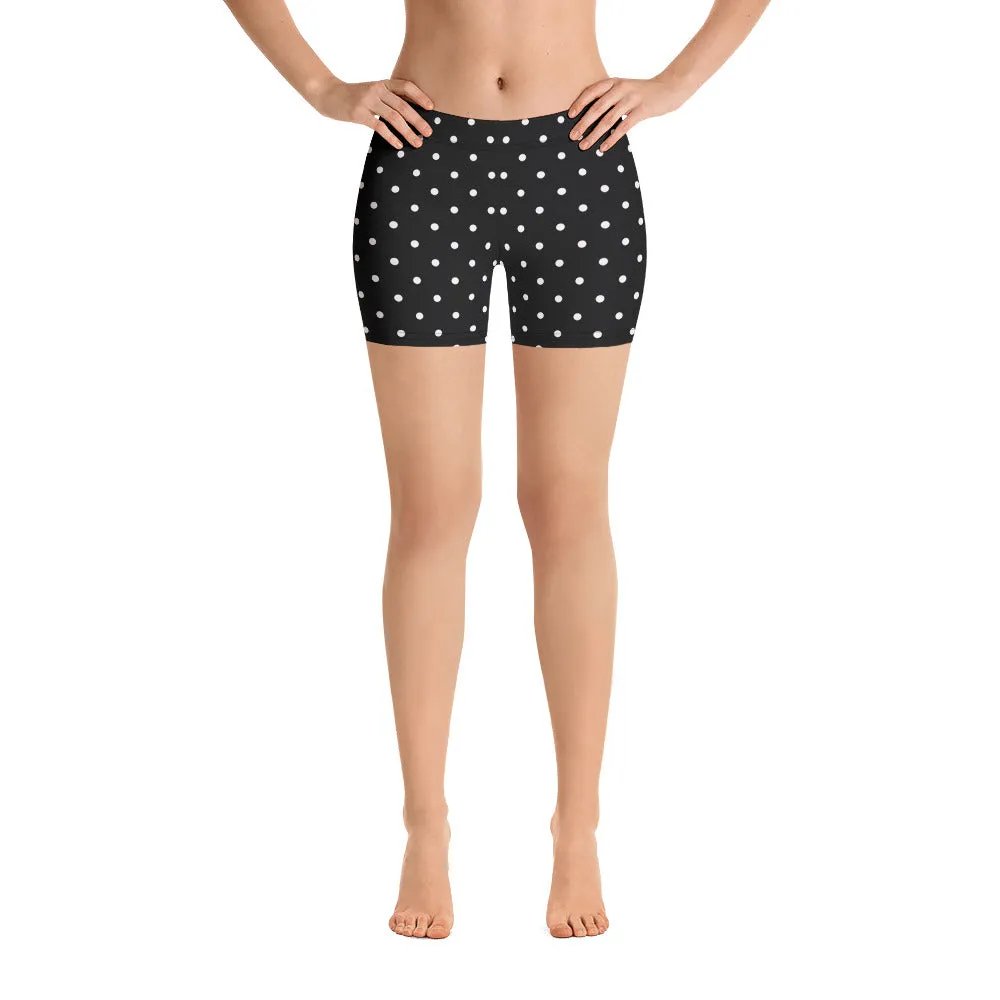 Black Dotted Women's Shorts, White Polka Dots Elastic Gym Soft Tights For Women-Made in USA/EU/ MX