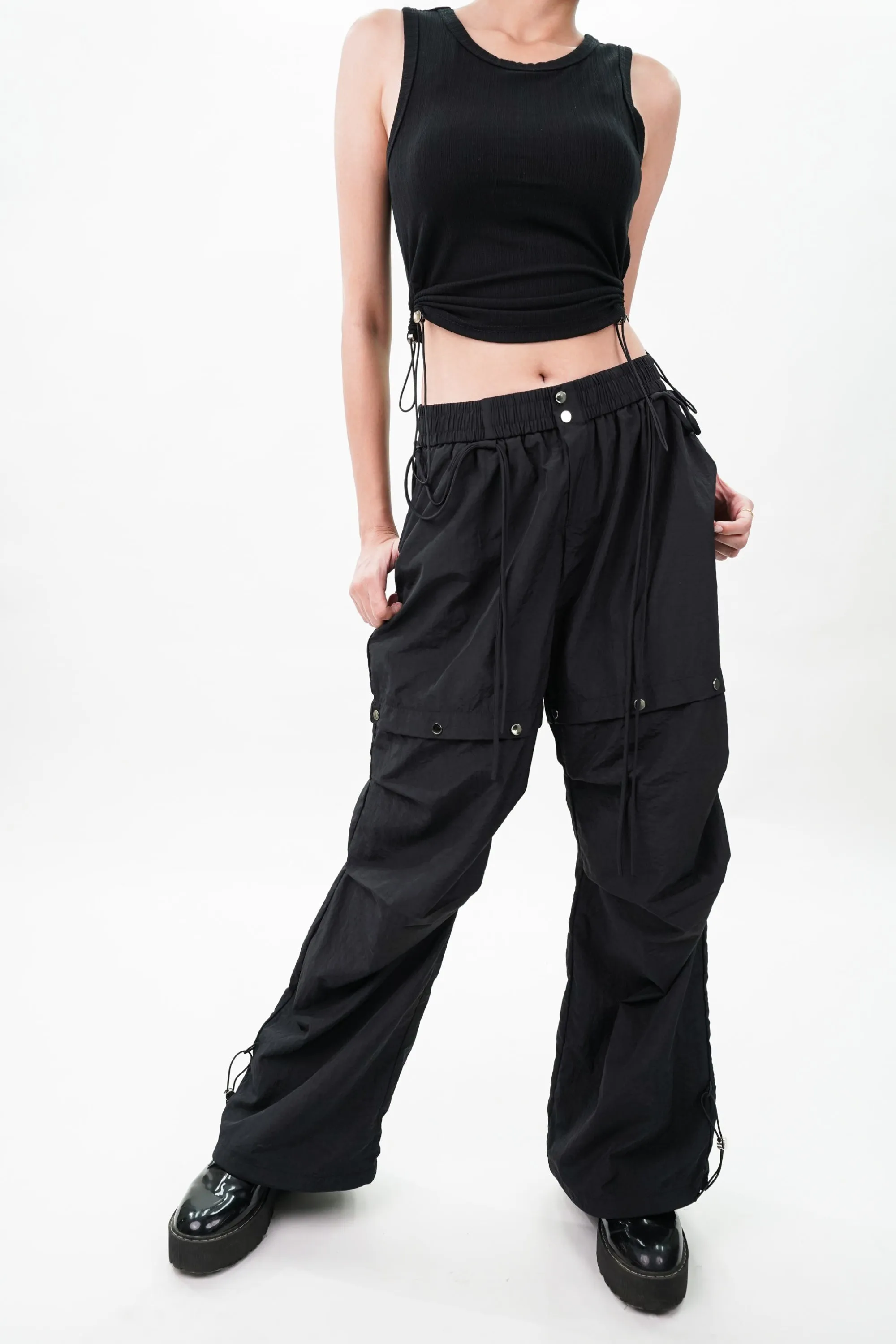 Black Drawstring Top and Cargo Coord Set