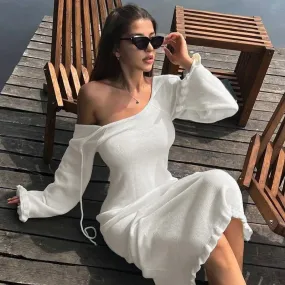Black Friday Joskaa Elegant Knitted Sweater Maxi Dress Outfits For Women Flare Sleeve Sexy Backless Lace Up Dress Knitwear Party Clothes Lady