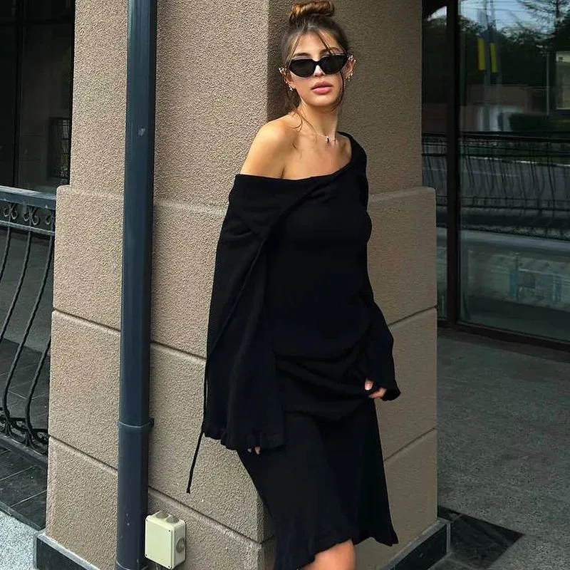 Black Friday Joskaa Elegant Knitted Sweater Maxi Dress Outfits For Women Flare Sleeve Sexy Backless Lace Up Dress Knitwear Party Clothes Lady
