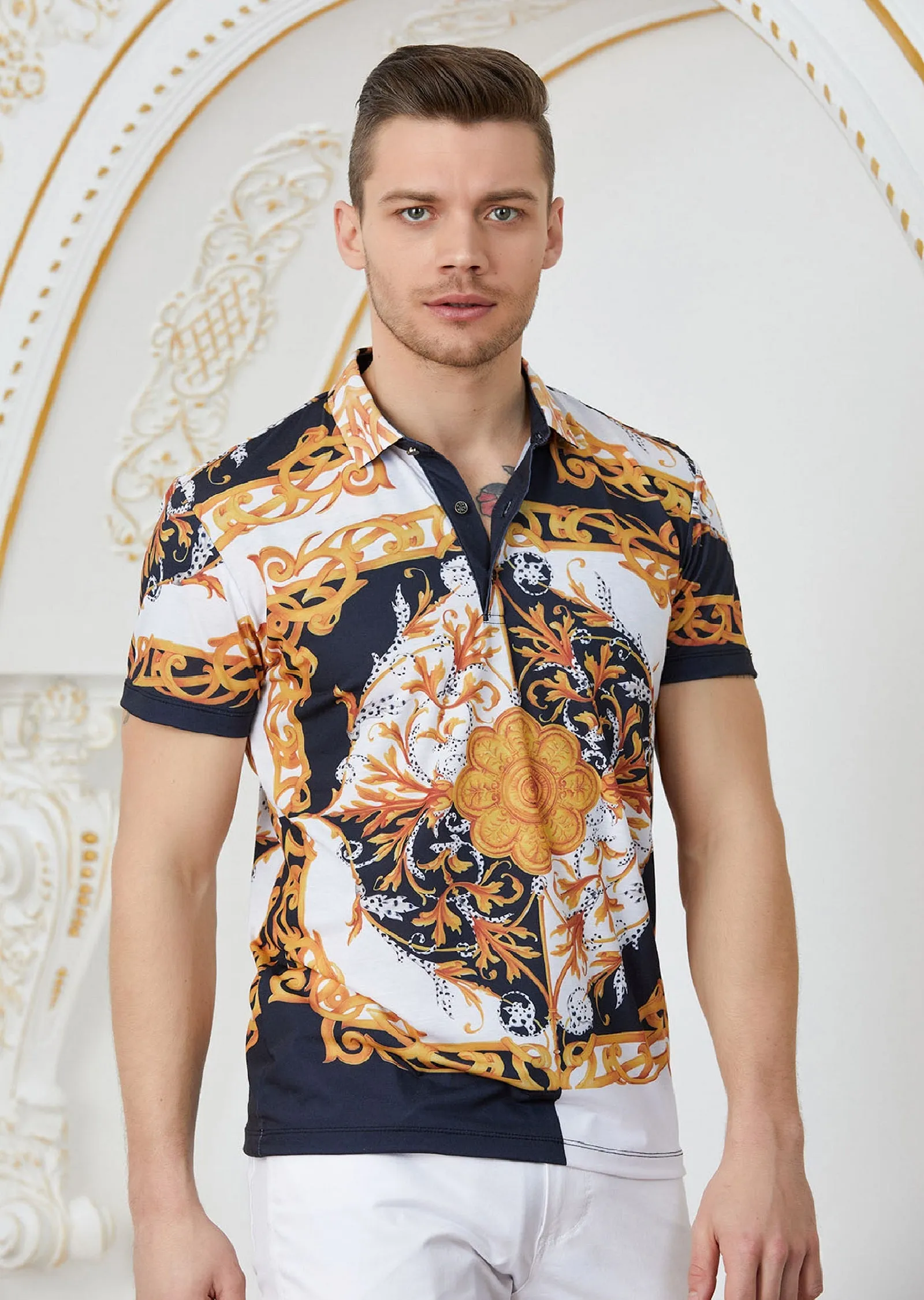 Black Gold "Baroque" Print Polo