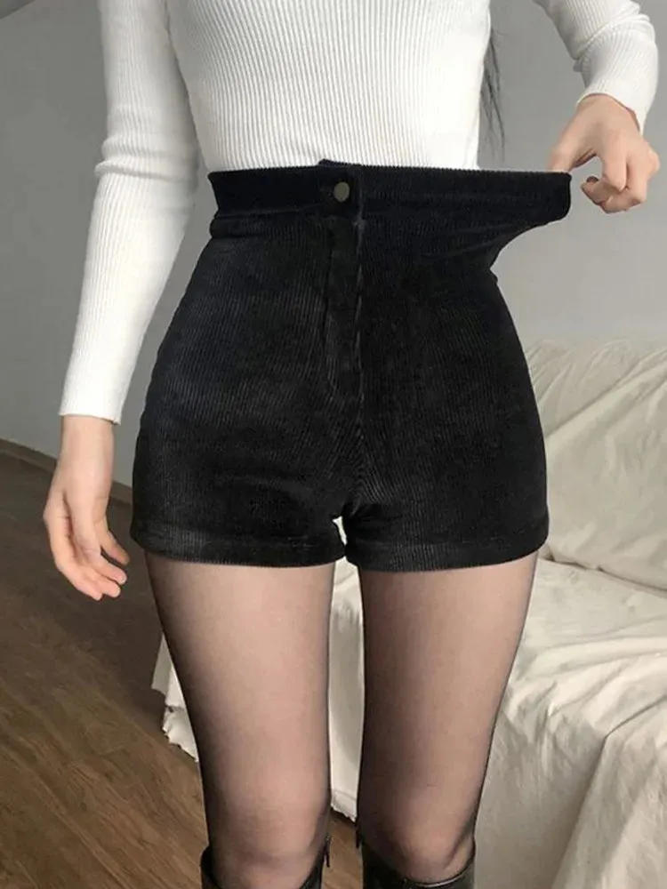 Black High Waist Goth Pants for Women - Spring/Autumn Fashion - Stretchy Corduroy - Casual and Sexy - Short Length
