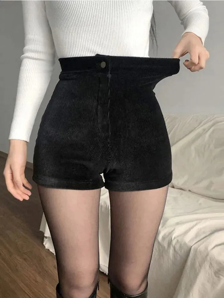Black High Waist Goth Pants for Women - Spring/Autumn Fashion - Stretchy Corduroy - Casual and Sexy - Short Length