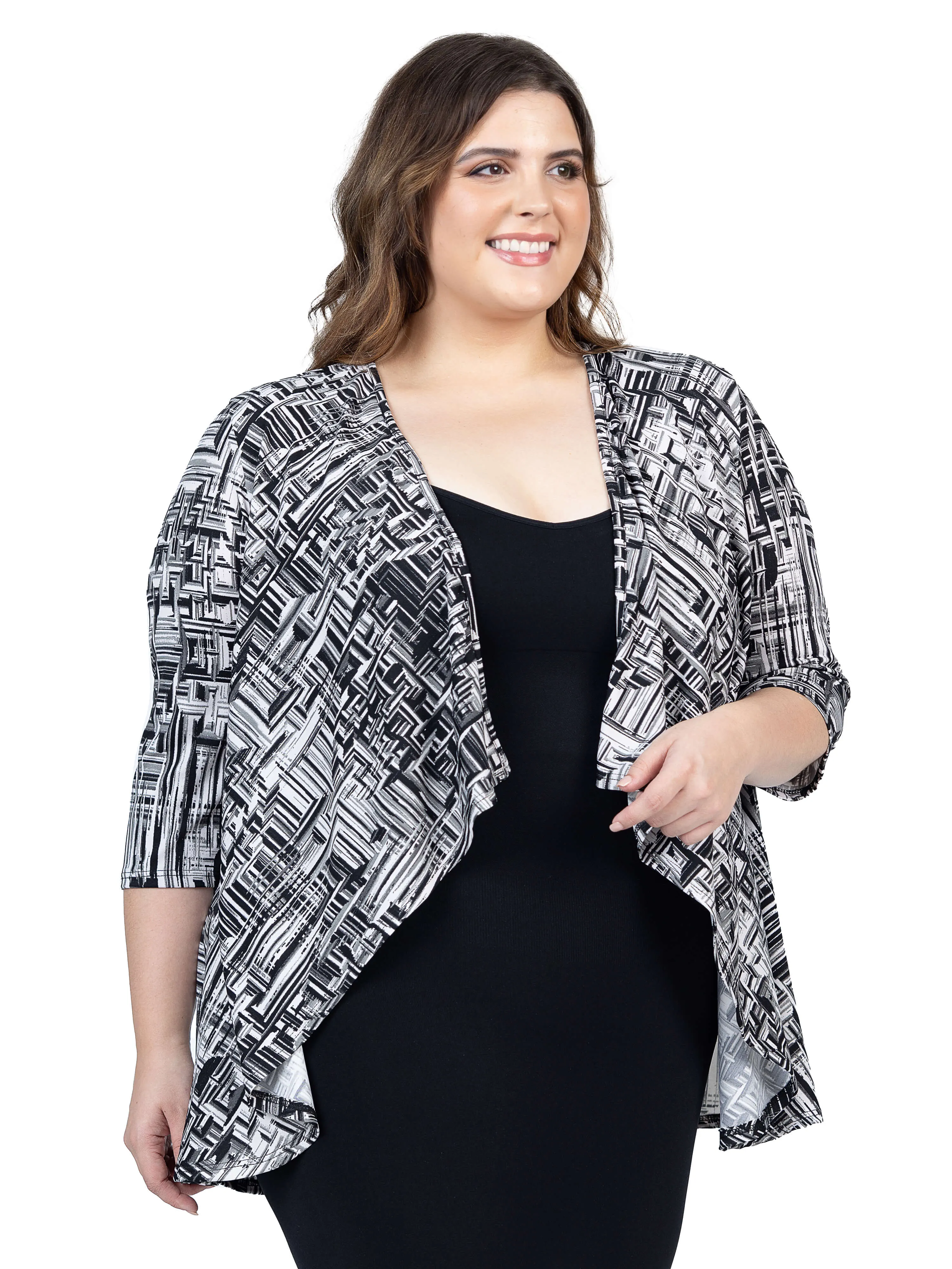Black Print Plus Size Elbow Length Sleeve Open Cardigan